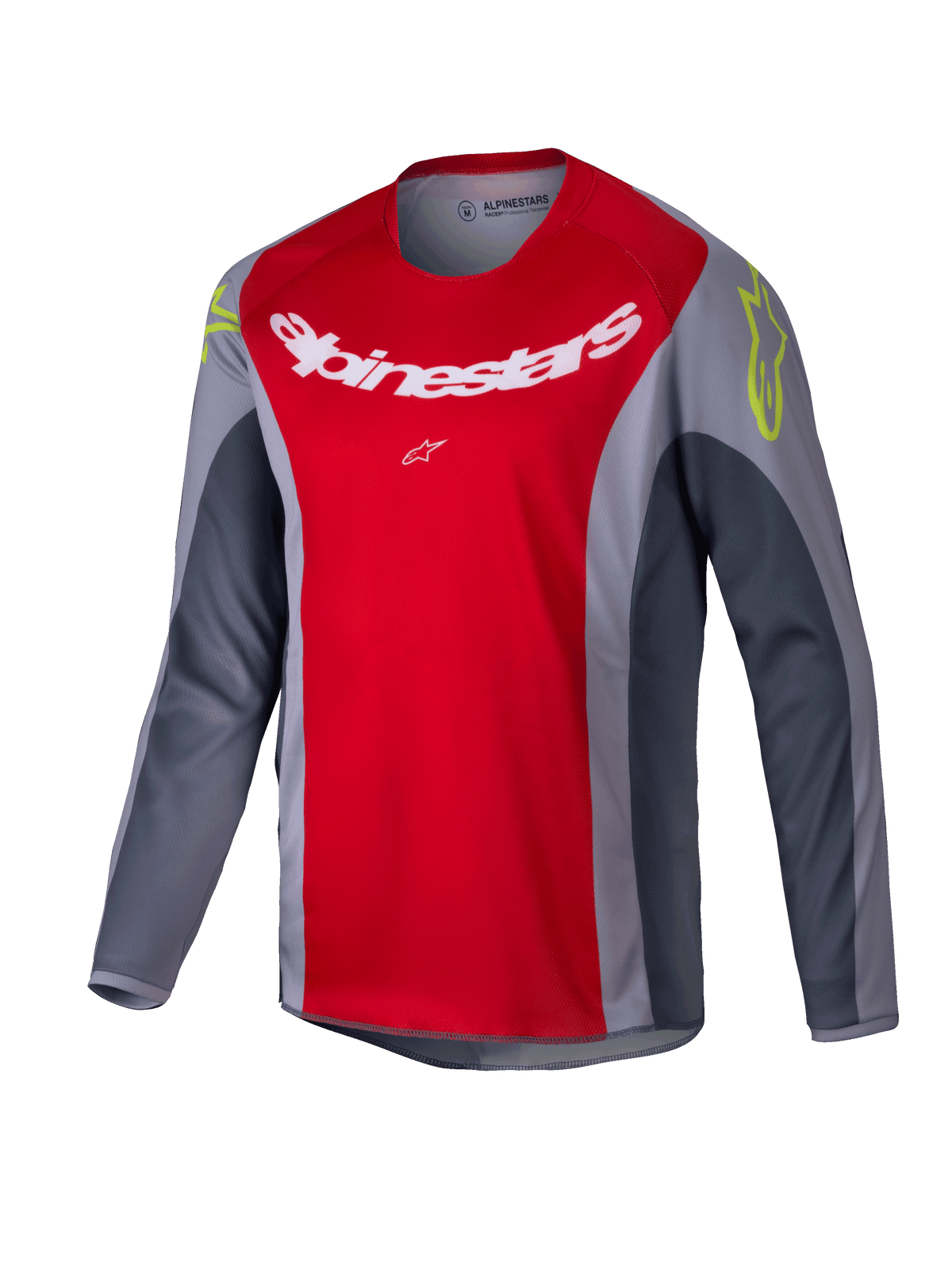 Alpinestars 2025 Youth Racer Melt Jersey, Motocross-Jersey, Hellrot und Grau, mit einem großen weißen Logo auf der Brust und neongelben Akzenten an den Schultern, langärmliges technisches Material für Offroad-Fahrten