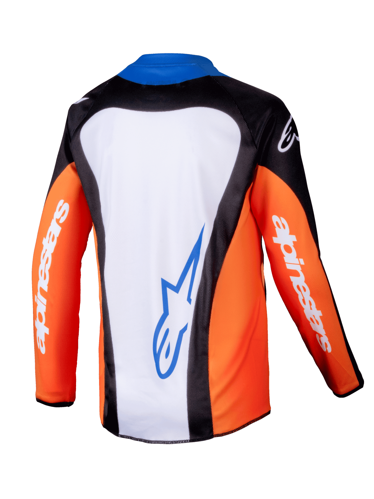 Alpinestars 2025 Youth Racer Melt Trikot, Motocross-Trikot, Orange, Blau und Weiß, Rückansicht mit weißem Rückenteil und blauem Logo, orangefarbene Ärmel mit weißem Branding, ergonomisches Design für den Jugend-Offroad-Sport
