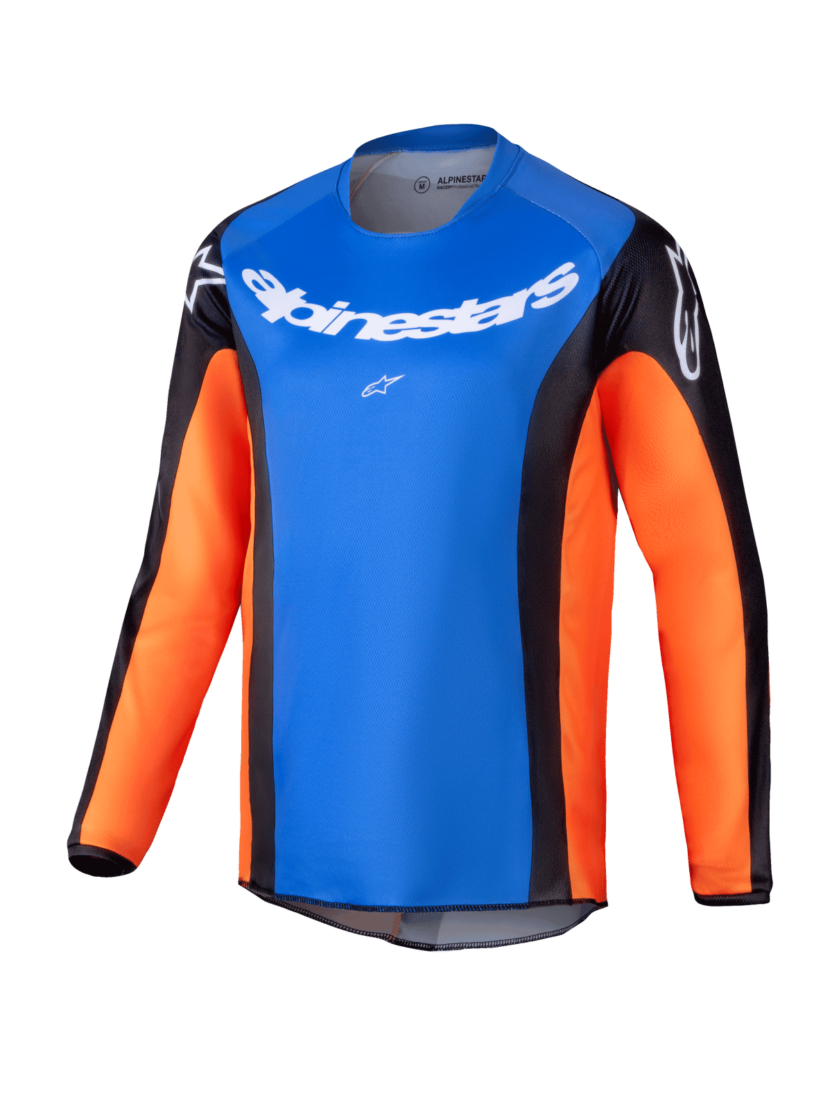 Alpinestars 2025 Youth Racer Melt Jersey, Jugend-Motocross-Langarmtrikot, hellblaue Brust mit orangefarbenen Ärmeln und schwarzen Seiteneinsätzen, weißes Alpinestars-Branding auf Brust und Schultern, leichtes feuchtigkeitsableitendes Material für Offroad-Fahrten von Jugendlichen