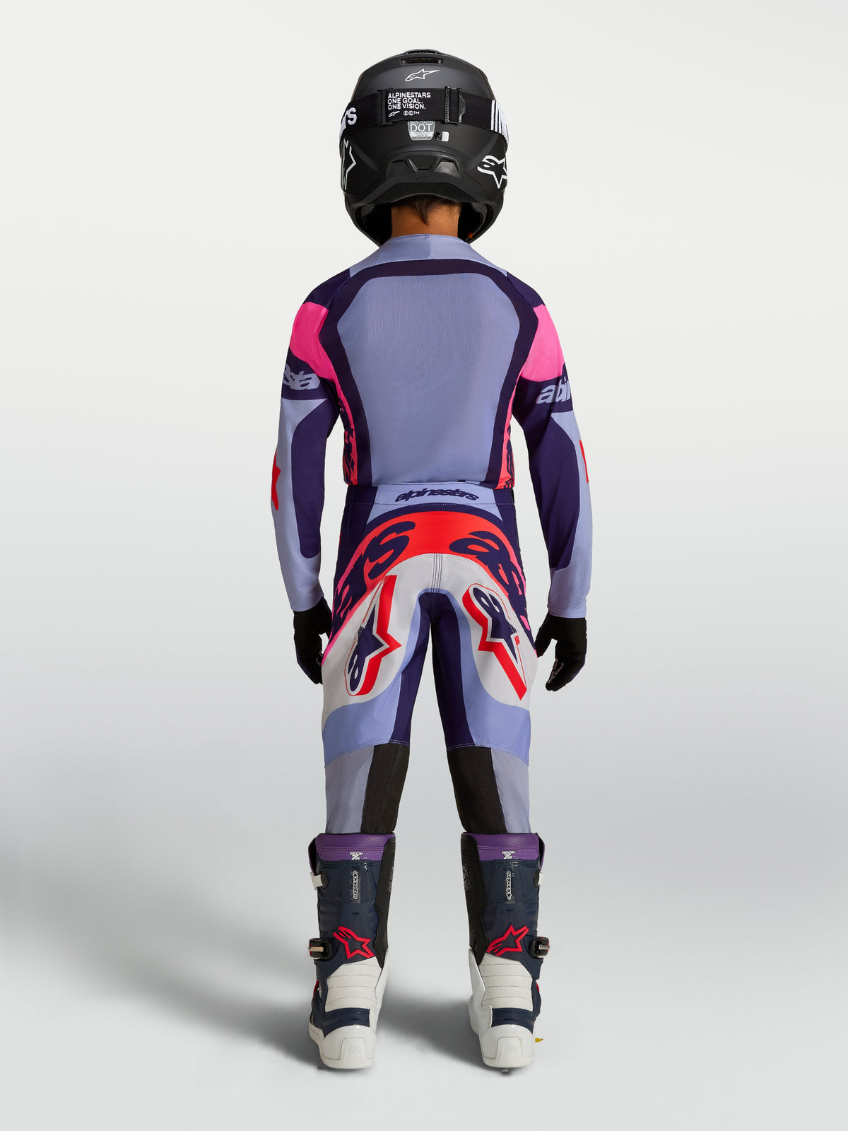 Ensemble Alpinestars Junior Supertech Dyna, tenue de motocross violette et rose, vue de dos, maillot en maille extensible