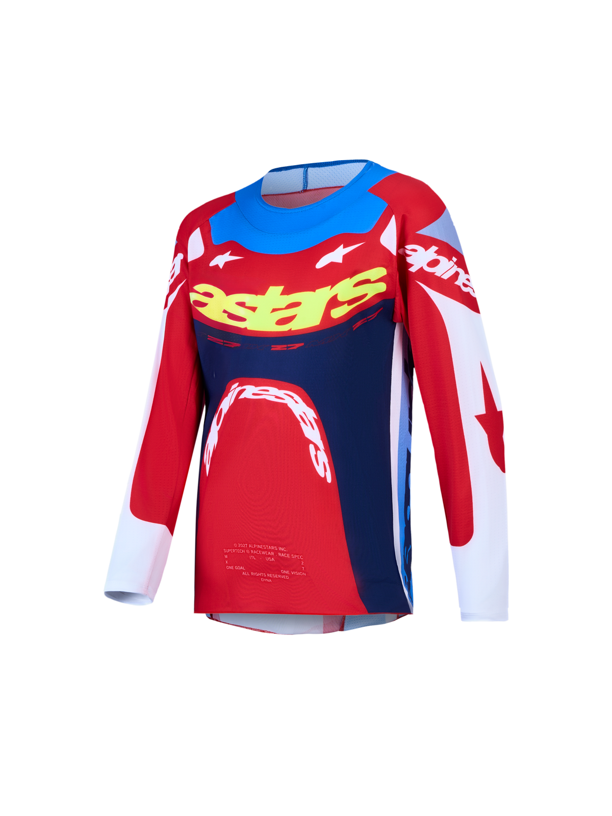 Alpinestars Maillot Supertech Dyna Junior, maillot de motocross rouge et bleu marine, coupe athlétique en maille extensible.