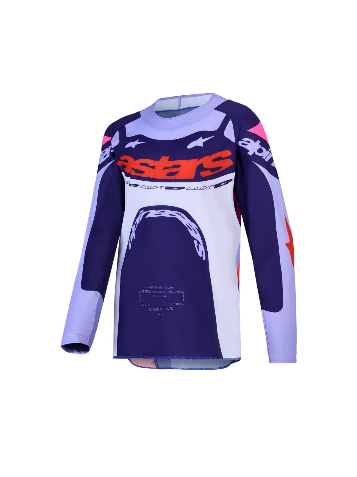 Alpinestars Supertech Dyna, maillot de motocross pour junior, bleu marine et blanc avec détails orange, équipement tout-terrain.