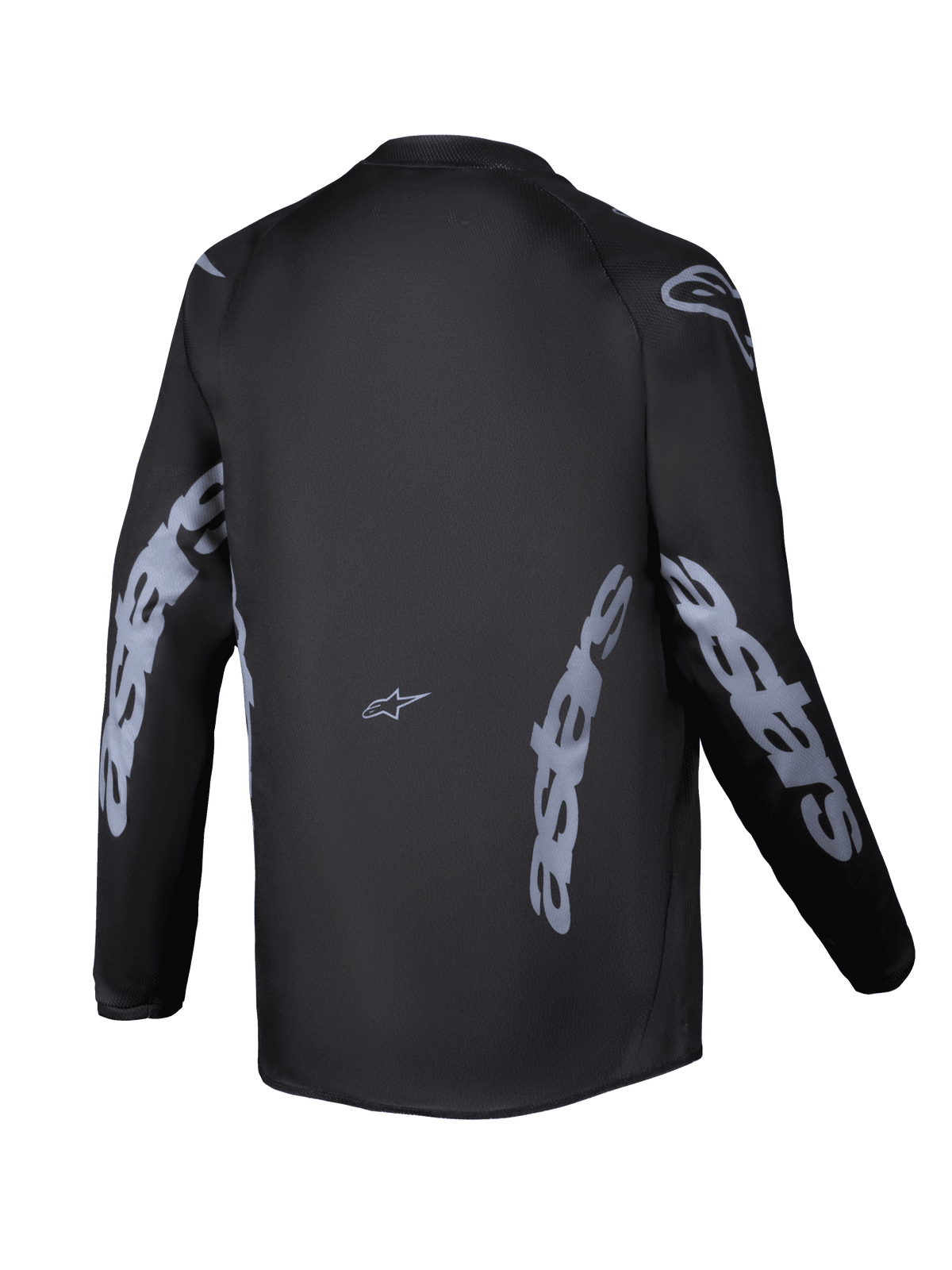Maillot Alpinestars 2025 Youth Racer Graphite, vue arrière, noir et gris, maillot de motocross à manches longues avec logo Alpinestars gris sur les manches et les côtés, tissu évacuant l'humidité avec coupe plus longue à l'arrière pour la conduite tout-terrain