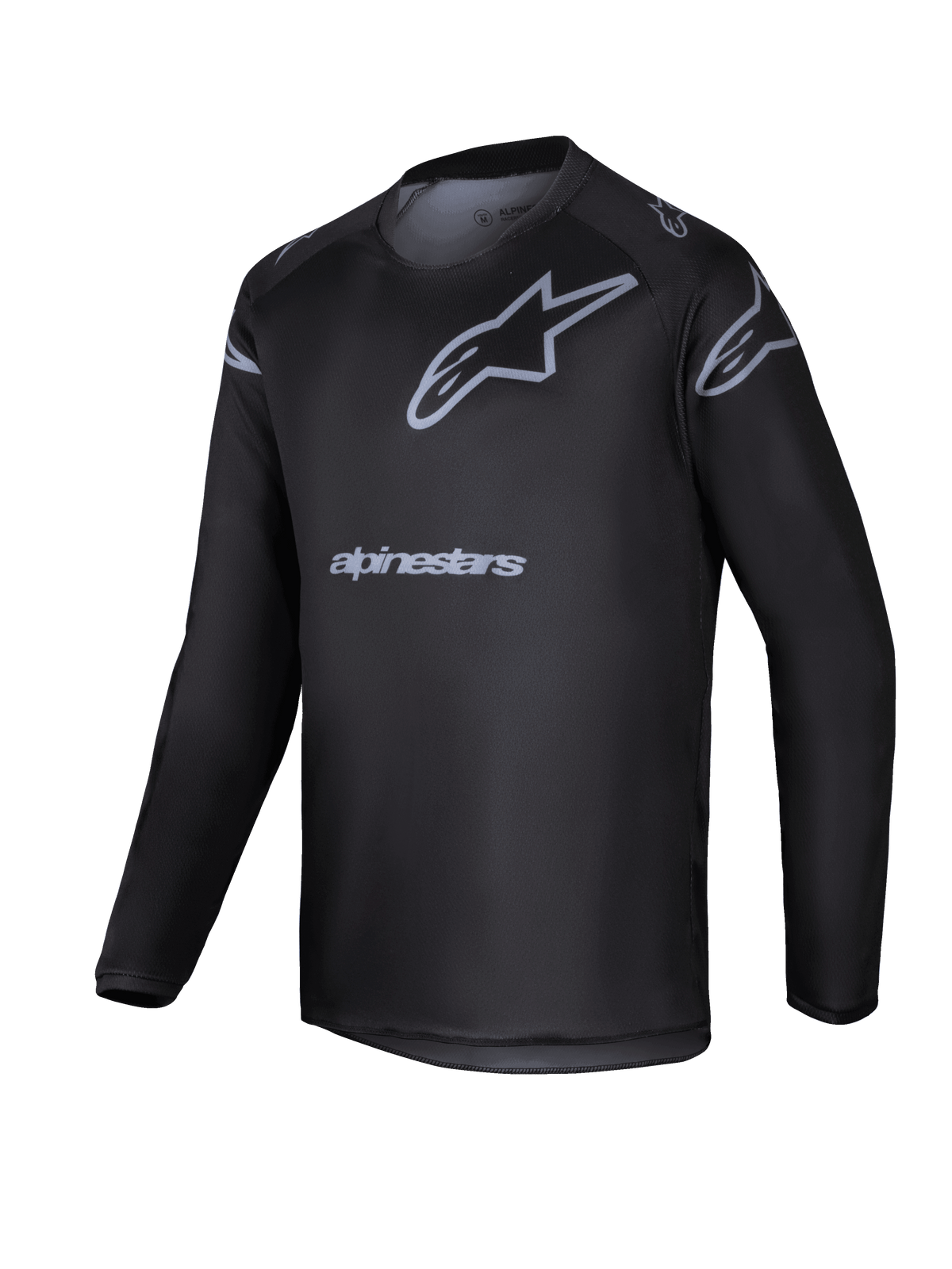Alpinestars 2025 Youth Racer Graphite Jersey, maillot de motocross à manches longues noir et gris, doté d'un logo étoile gris et du nom de la marque, équipement de performance léger pour la conduite tout-terrain des jeunes