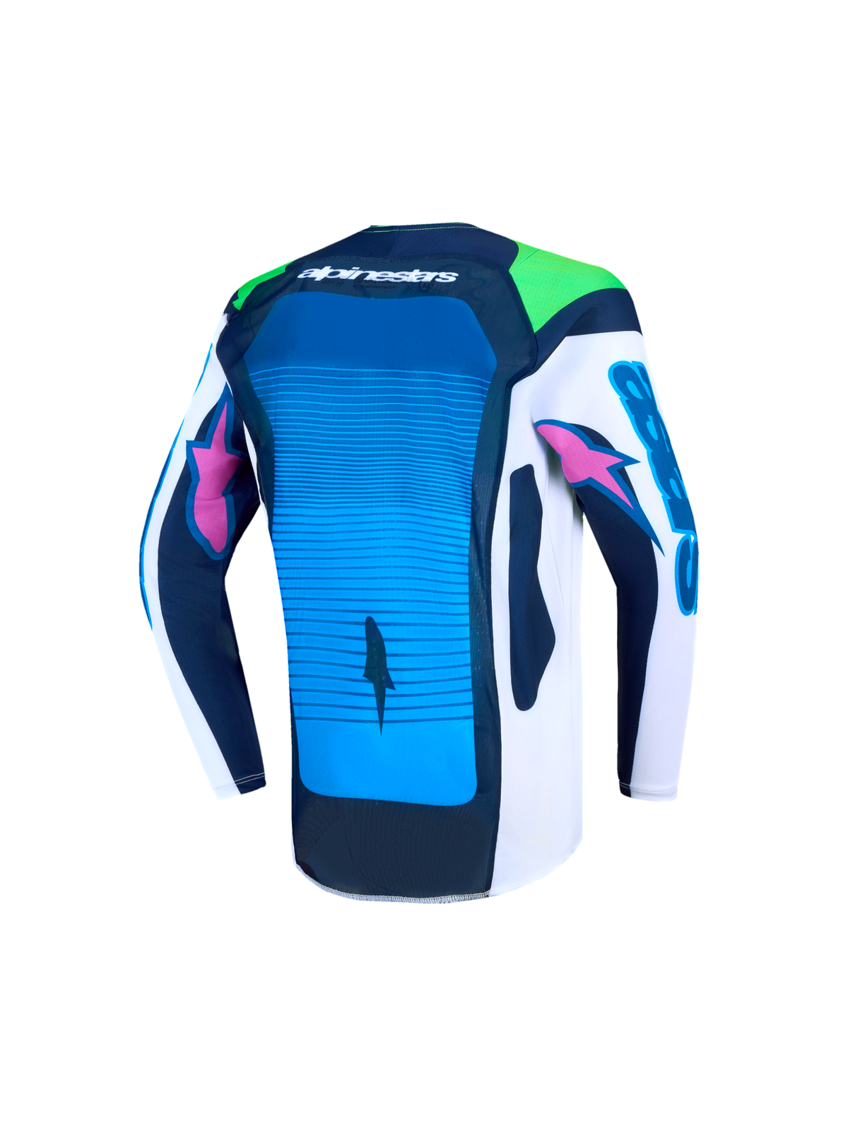 Alpinestars Maillot Supertech Maven Junior, maillot de motocross bleu et blanc, vue arrière, mesh ventilé, coupe athlétique.