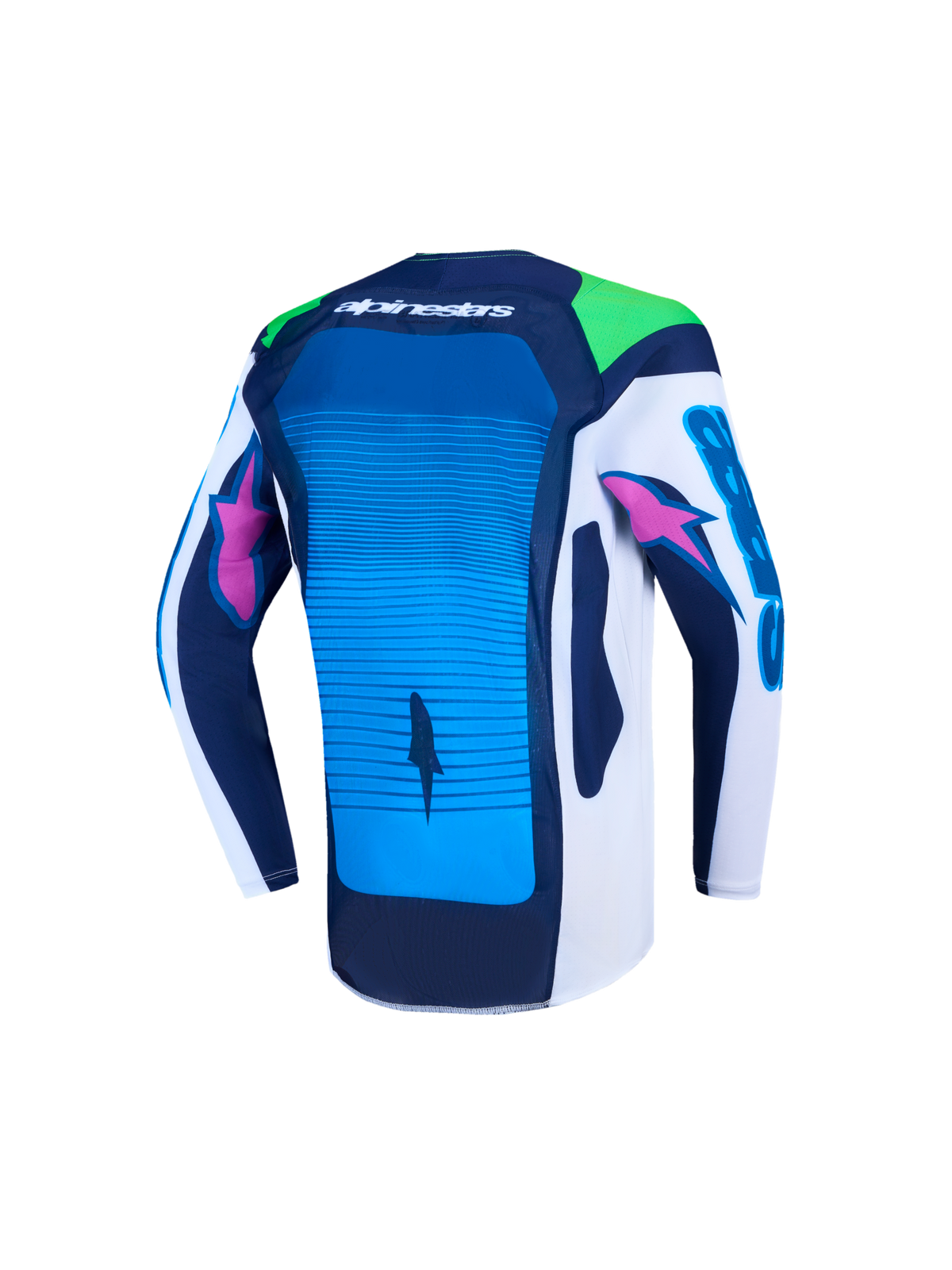 Alpinestars Jeugd Supertech Maven Jersey, motocrossjersey, blauw en wit, achteraanzicht met ademend stretchmesh.