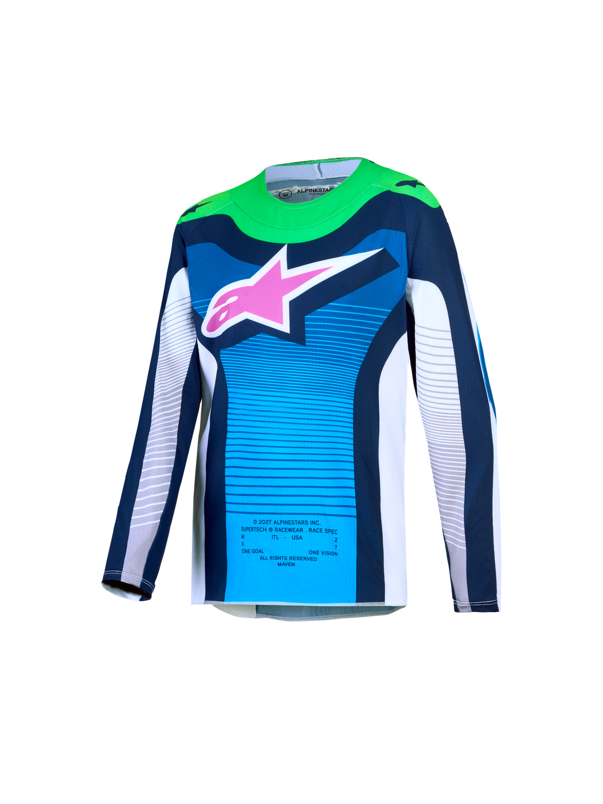 Alpinestars maillot Supertech Maven Junior 2027, maillot de motocross bleu et vert avec logo rose et mesh respirant.
