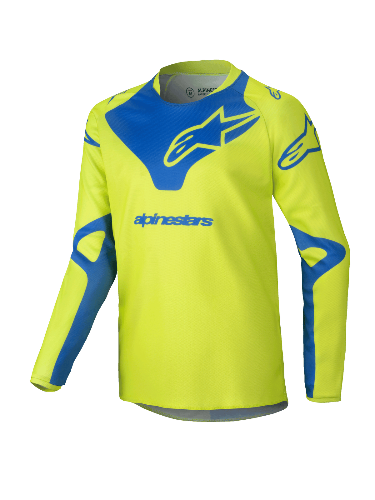 Alpinestars 2025 Youth Racer Veil Jersey, maillot de motocross, jaune fluo et bleu, haut technique à manches longues, logos Alpinestars bleus sur la poitrine et les épaules, tissu léger évacuant l'humidité pour la course tout-terrain