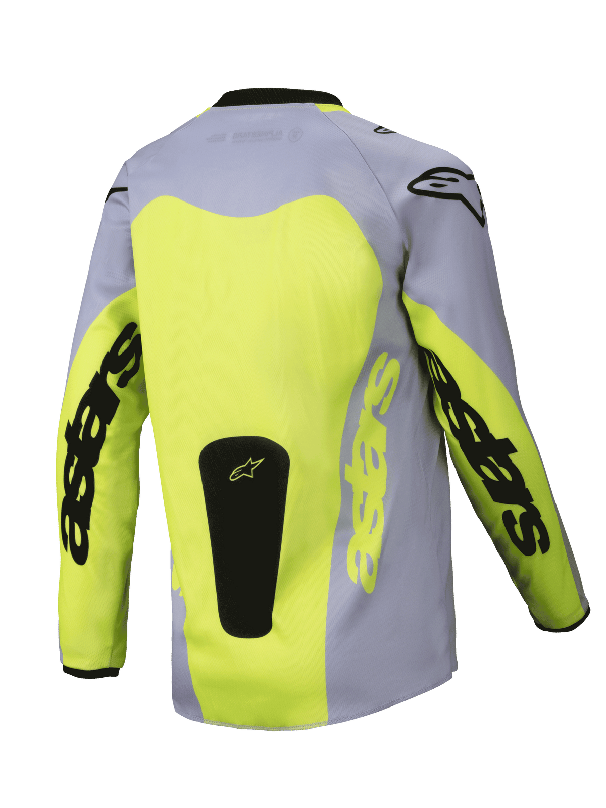 Maillot Alpinestars Racer Veil Junior 2025, vue arrière, gris et jaune fluo, avec un grand panneau arrière jaune et marquage Astars sur les manches, écusson noir à la base, équipement de motocross léger pour le tout-terrain