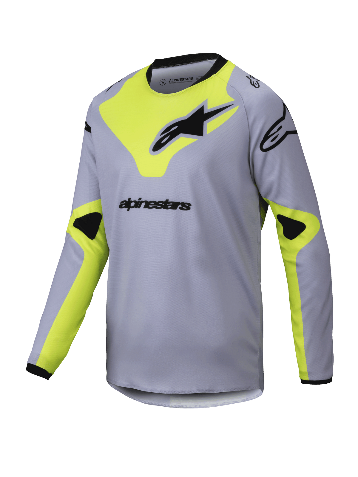 Alpinestars 2025 Youth Racer Veil Jersey, maillot de motocross à manches longues pour enfant, gris et jaune fluo, logos noirs, tissu léger et respirant, col et poignets noirs, design géométrique