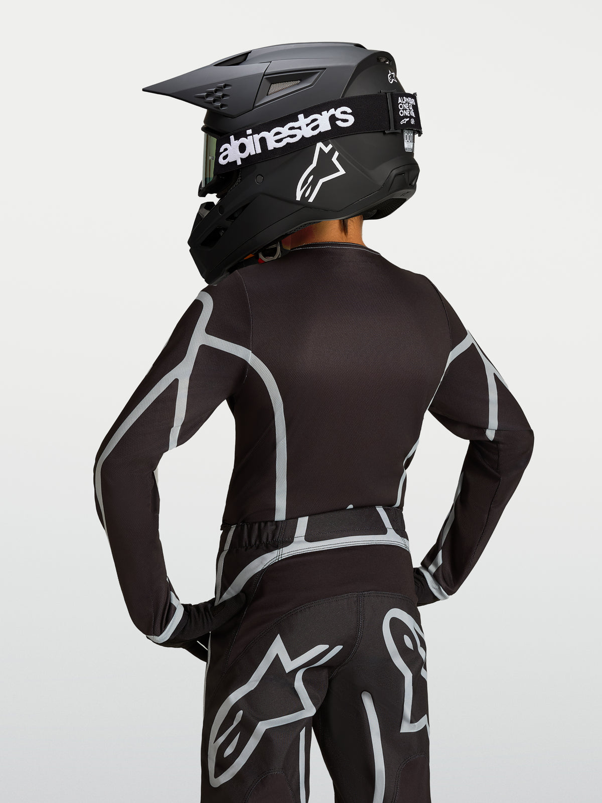 Alpinestars Youth Fluid Apex V2 Jersey, black and silver motocross gear, back view showing the ergonomic athletic cut.