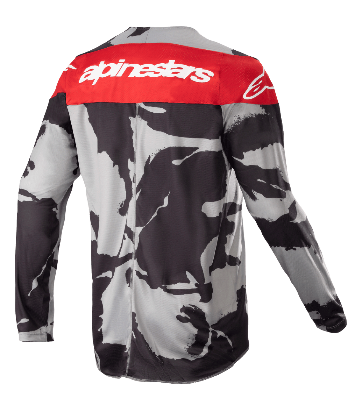 Maillot Alpinestars Racer Tactical Junior 2023, maillot de motocross, camouflage gris et rouge Mars, vue arrière présentant un empiècement rouge aux épaules avec logo Alpinestars blanc, motif camouflage abstrait noir et gris, équipement léger évacuant l'humidité pour le tout-terrain