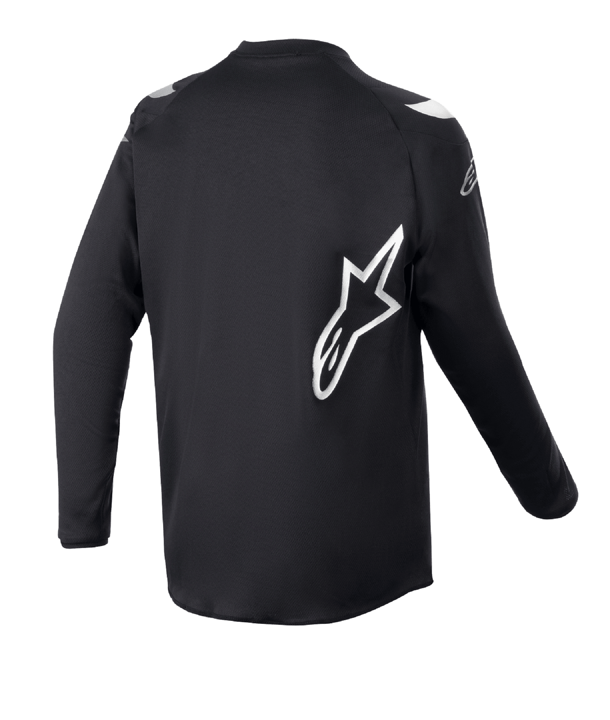 Maillot Alpinestars Racer Graphite Junior 2023, maillot de motocross, noir réfléchissant, vue arrière avec grand logo étoile Alpinestars blanc, tissu technique évacuant l'humidité, manches longues, vêtement tout-terrain durable