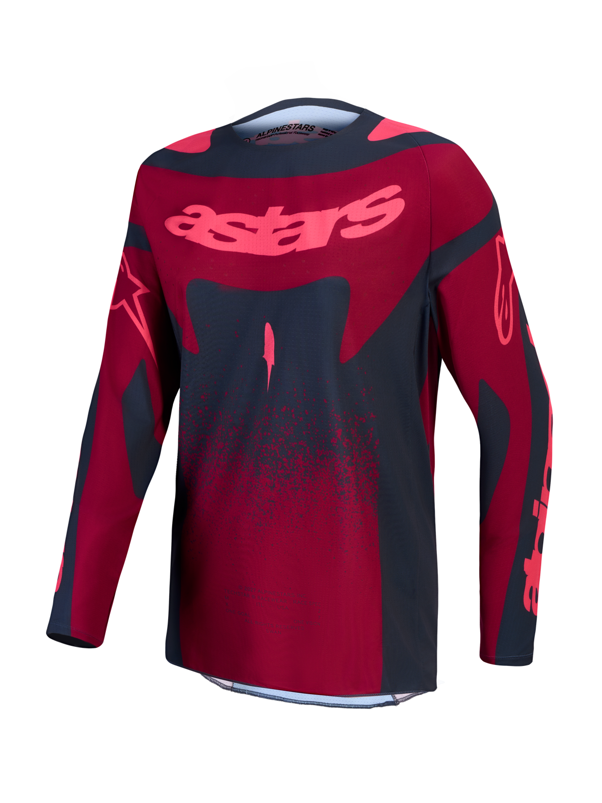 Maillot Stella Techstar Swan Alpinestars, maillot de motocross pour femme, rouge et gris foncé, tissu extensible évacuant l'humidité, logo astars sur la poitrine
