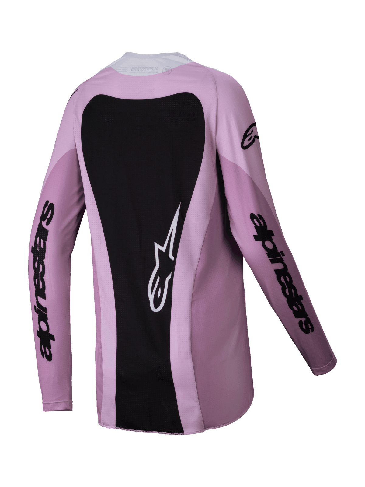 Alpinestars 2025 Stella Techstar Melt Jersey voor dames, motocross jersey, Blush Black, achteraanzicht met een groot zwart rugpaneel met een wit Astars-logo, zwarte branding op de mouwen en lichtgewicht poly-stof constructie voor off-road racen