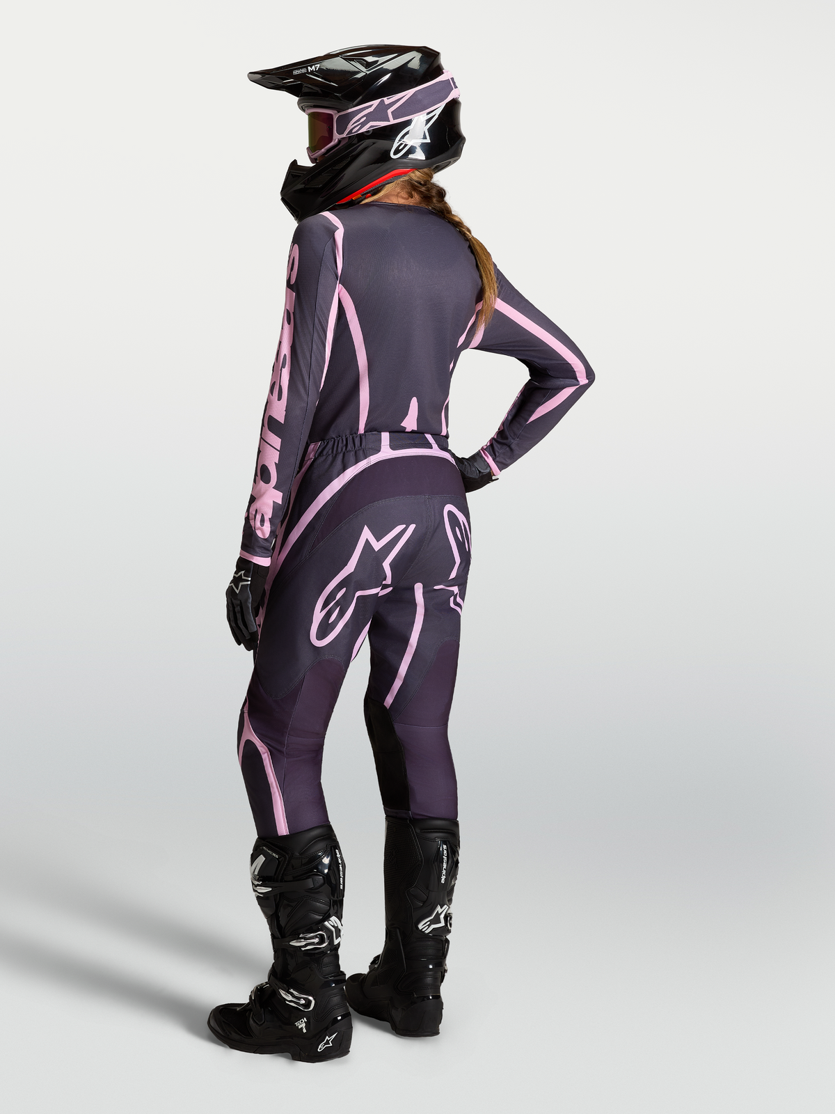 Alpinestars Stella Fluid Apex V2 Pants, Women's Motocross Gear in Graystone and Old Pink, complete riding outfit from the back.