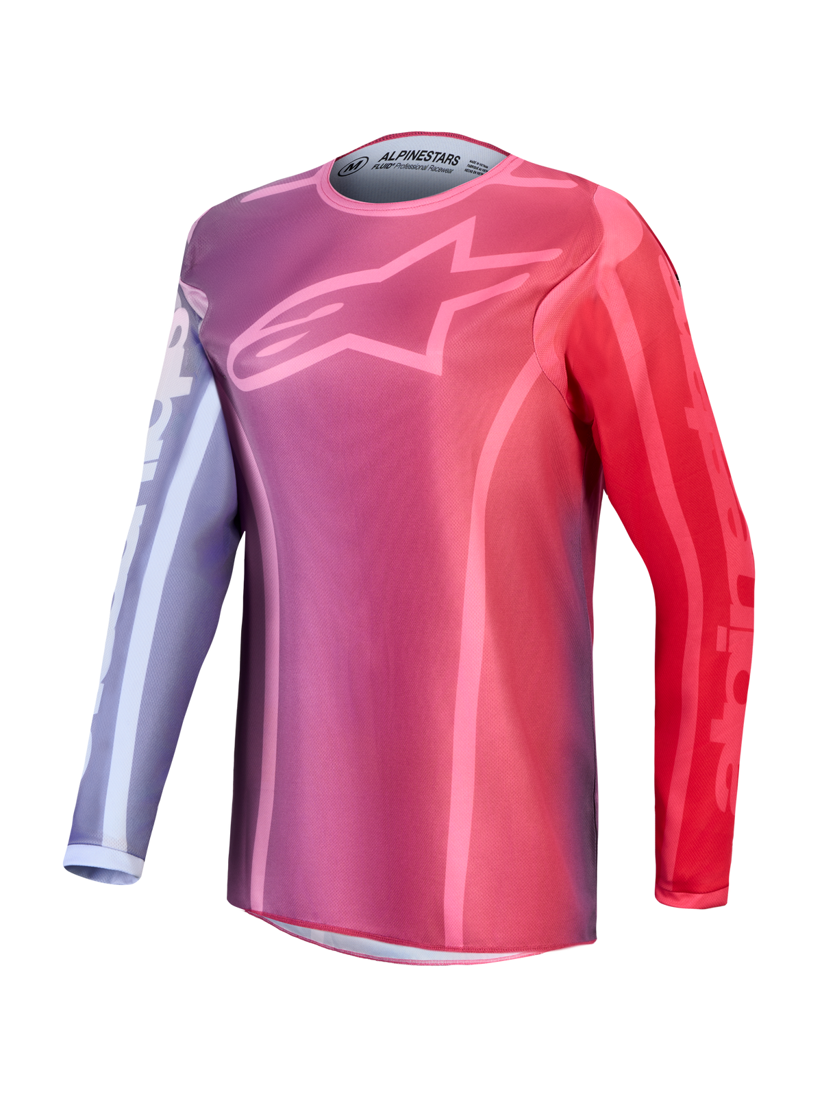 Maillot et ensemble Stella Fluid Kepler d'Alpinestars, motocross pour femme violet et rouge avec logo étoile.