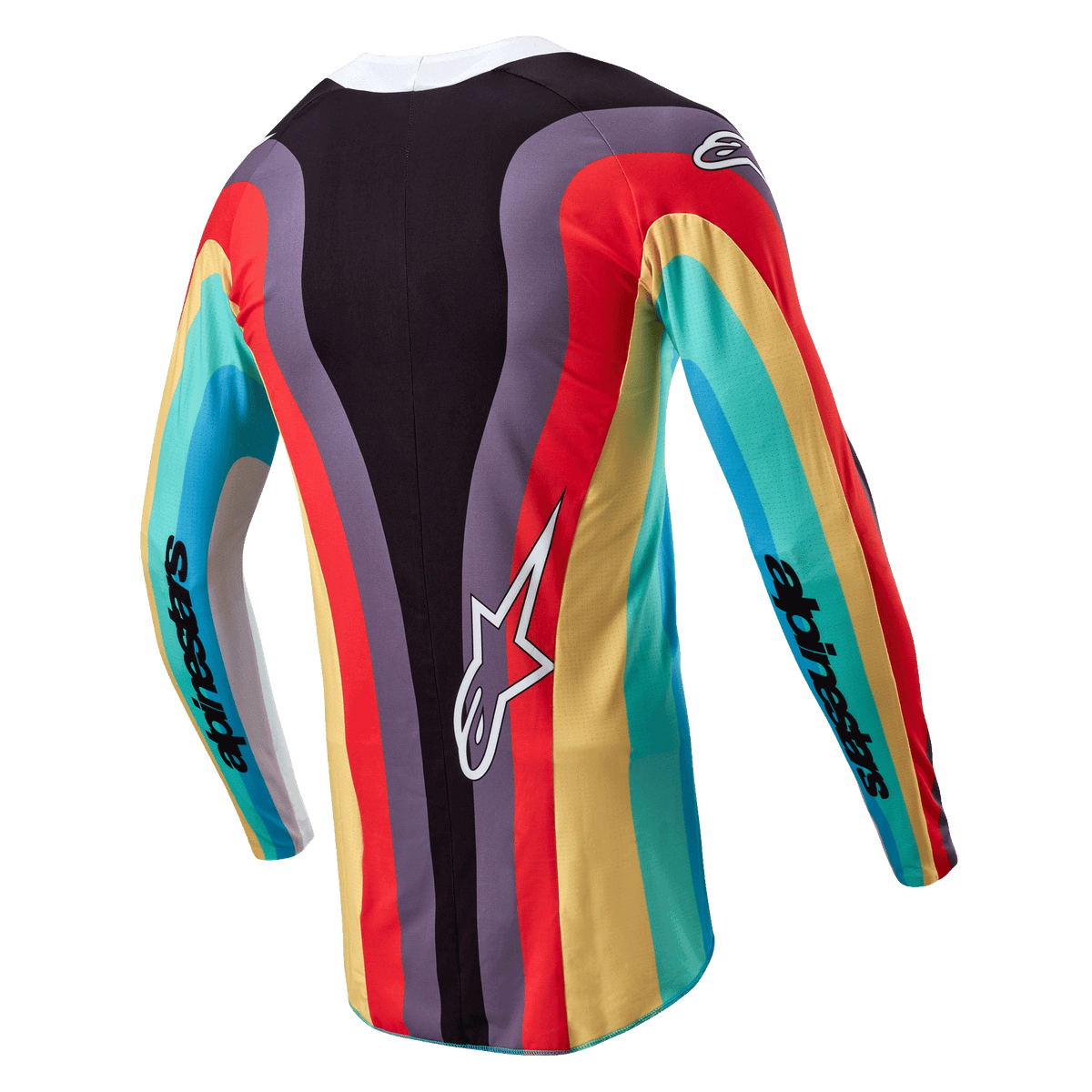 Alpinestars Women Stella 2024 Techstar Jersey, Motocross Jersey, Black Multicolor, rear view featuring a vibrant wavy multi-color pattern in red, yellow, and turquoise, white Astar logo on the lower back, Alpinestars branding on the sleeves.