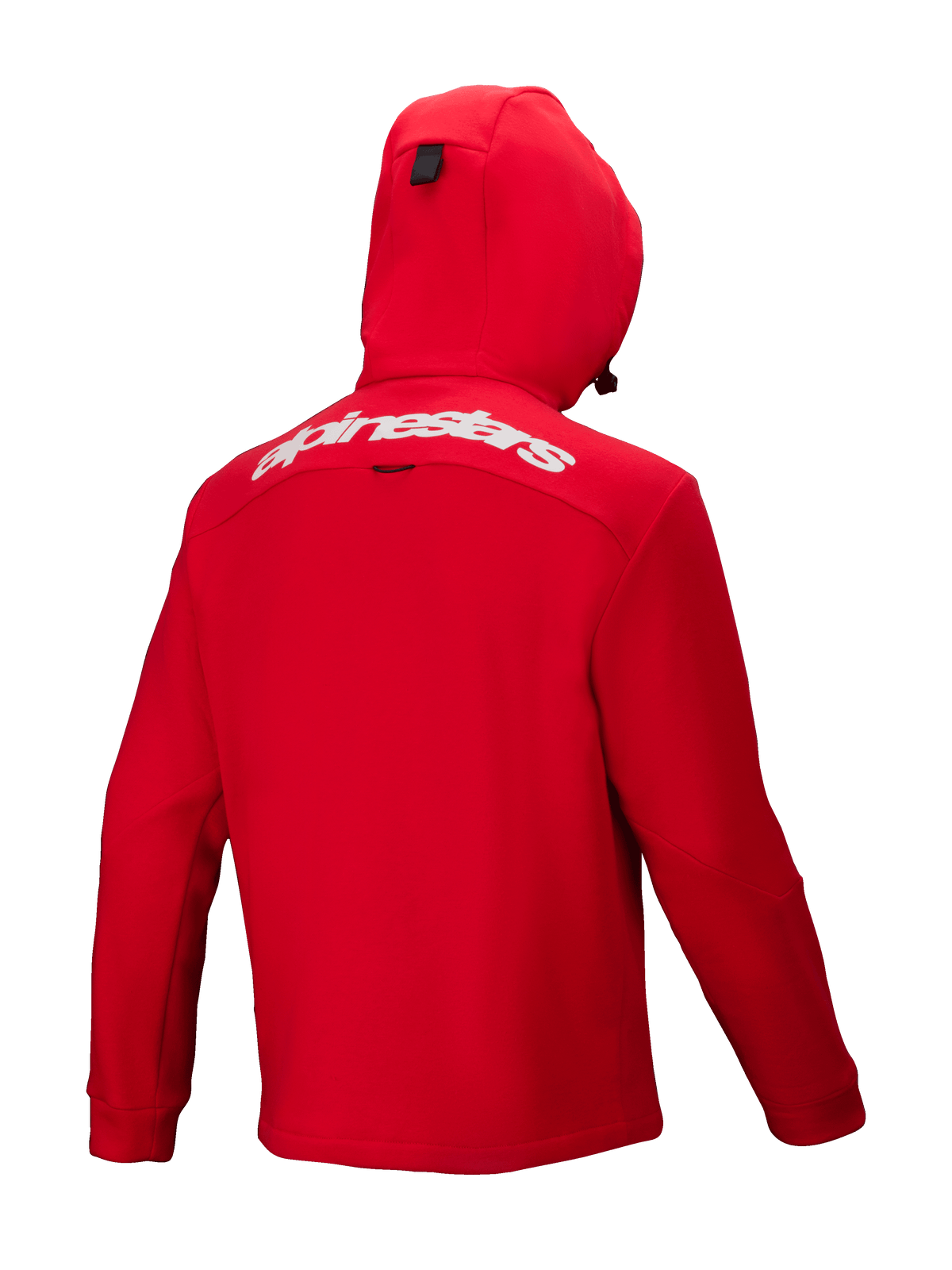 Alpinestars Racer MX Fleece, Motocross-Hoodie in strahlendem Rot, Rückansicht, mit weißem Alpinestars-Schriftzug auf dem oberen Rücken, integrierter Kapuze und ergonomischem Design für Offroad-Performance
