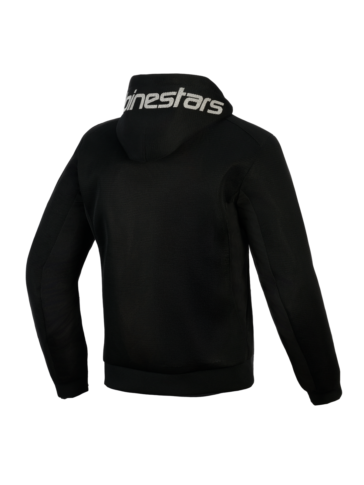 Alpinestars Chrome Superairflow Hoodie, Schwarz, Rückansicht, weißer Alpinestars-Schriftzug auf der Kapuze, vollständige 3D-Mesh-Konstruktion für Belüftung, schützende Motorradbekleidung für warmes Wetter