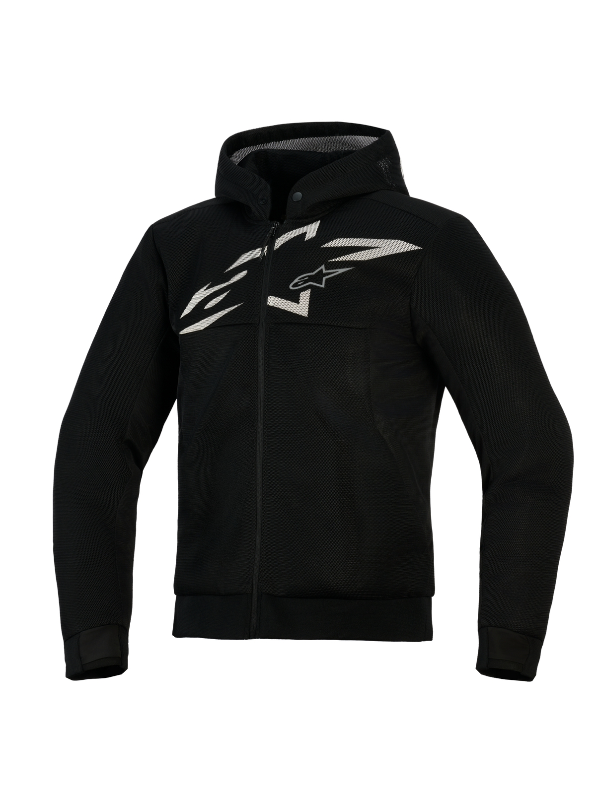 Alpinestars Chrome Superairflow Hoodie, belüfteter Motorrad-Hoodie, Schwarz mit weißem und grauem Logo, vollständige 3D-Mesh-Konstruktion, Reißverschluss vorne mit integrierter Kapuze, sportliche Passform für sportliches Fahren