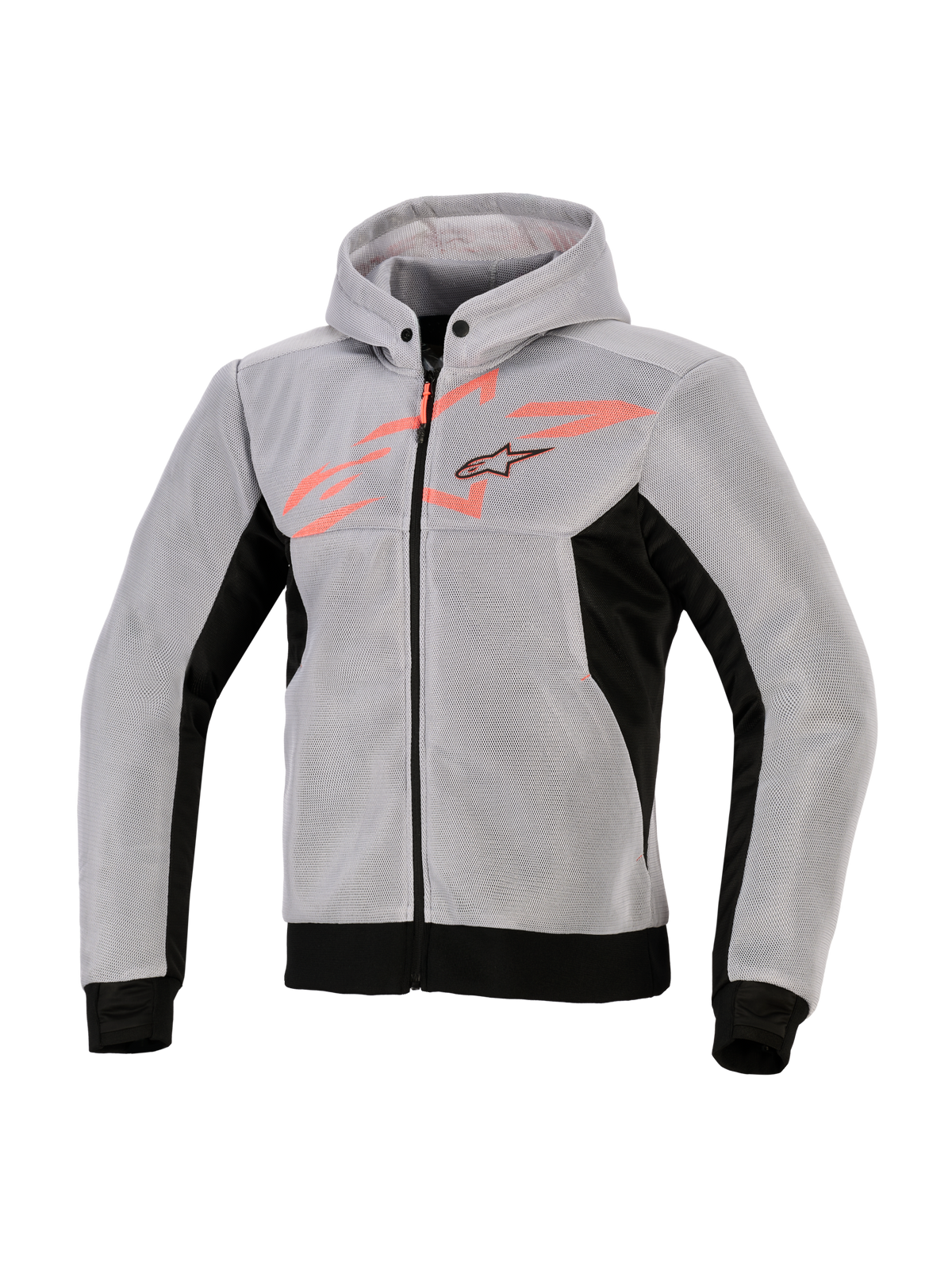Alpinestars Chrome Superairflow Hoodie, technischer Motorrad-Kapuzenpullover, Schwarz, Mittelgrau und Fluo-Rot, 3D-Mesh-Konstruktion, hellgrau mit schwarzen Seiteneinsätzen und Saum, fluo-rote Brustgrafik mit Alpinestars-Sternlogo, sportliche Motorradausrüstung