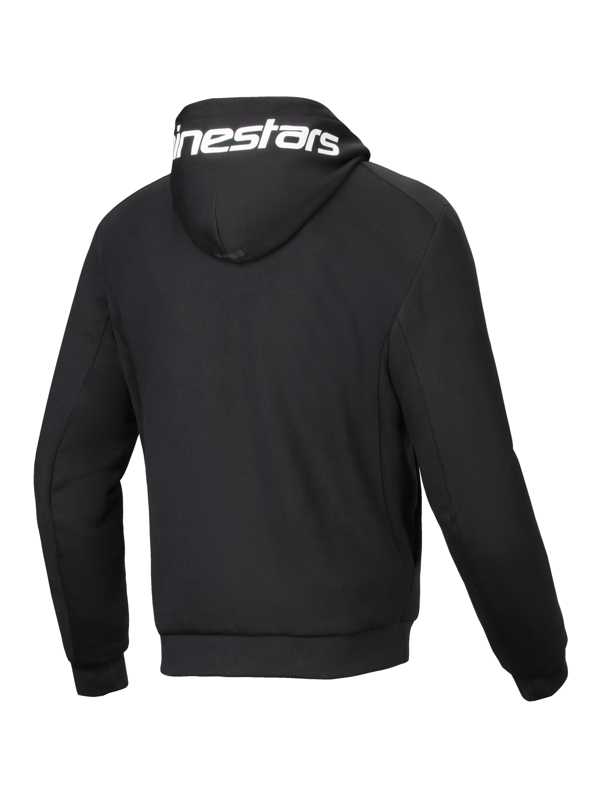 Alpinestars Chrome V2 Sport Hoodie, black urban motorcycle jacket, back view with white logo on hood and tech fleece.