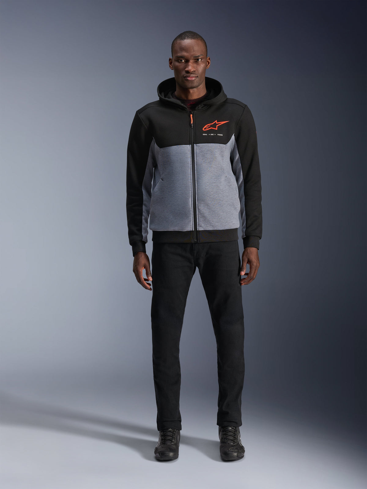 Alpinestars Chrome V2 Sport Hoodie, men's urban motorcycle jacket in black and gray heather with red fluo accents.