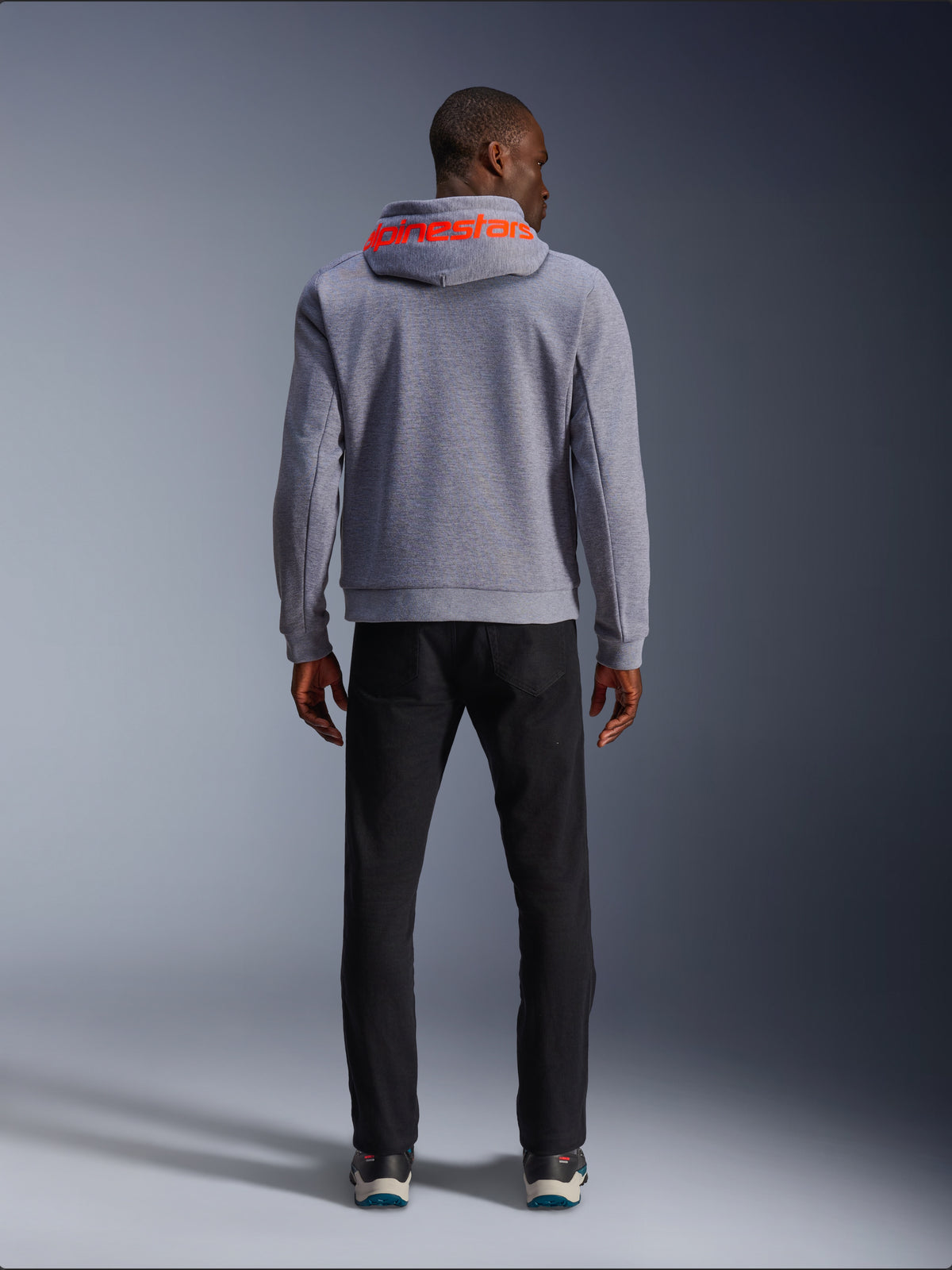 Alpinestars Chrome V2 Sport Hoodie, men's urban riding jacket, Gray and Red Fluo, CE Certified tech fleece, back view.