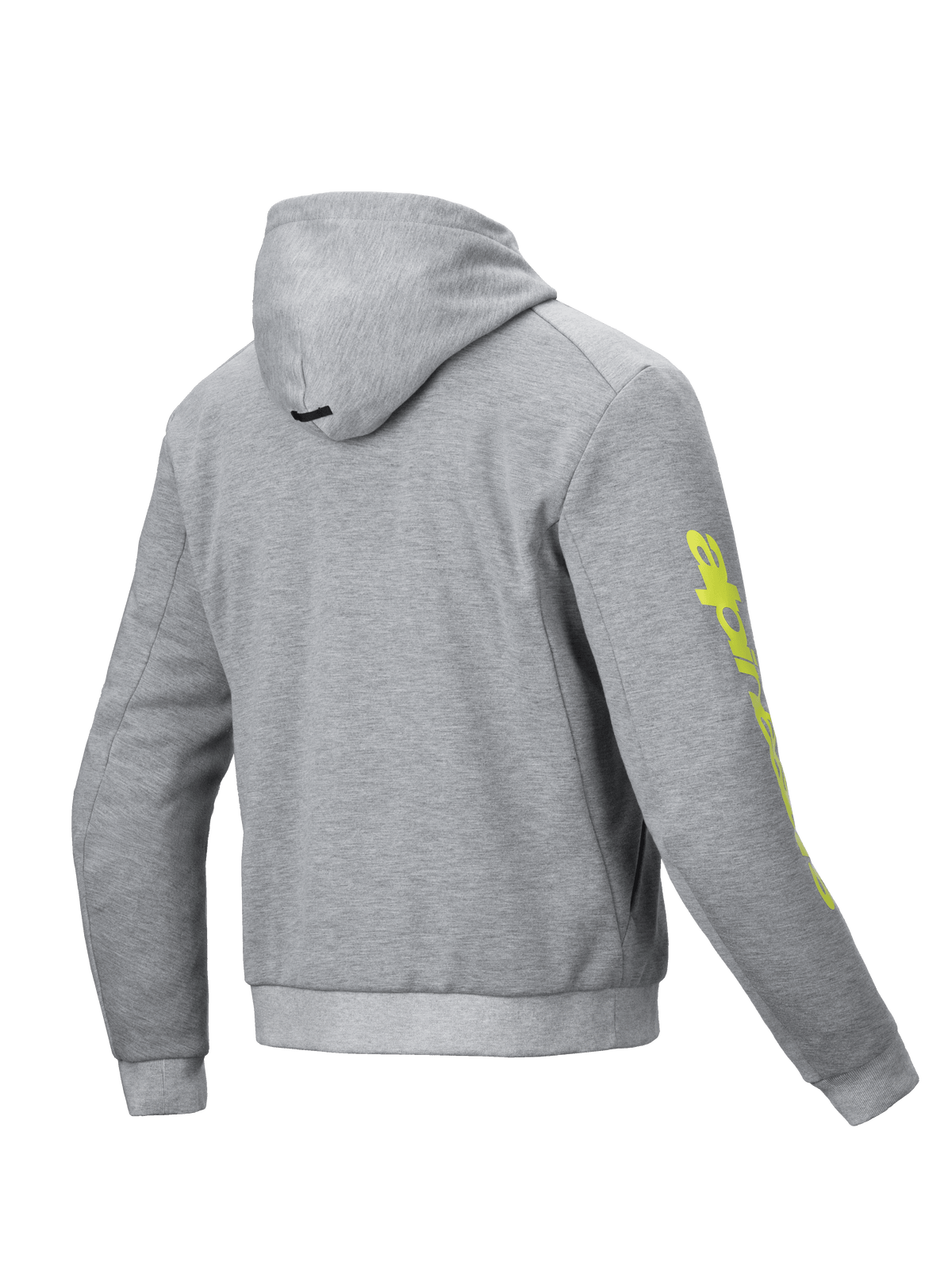 Alpinestars sweat à capuche sport Chrome V2, veste de moto urbaine pour homme, gris chiné et jaune fluo, vue de dos avec logo sur la manche, polaire technique certifiée CE