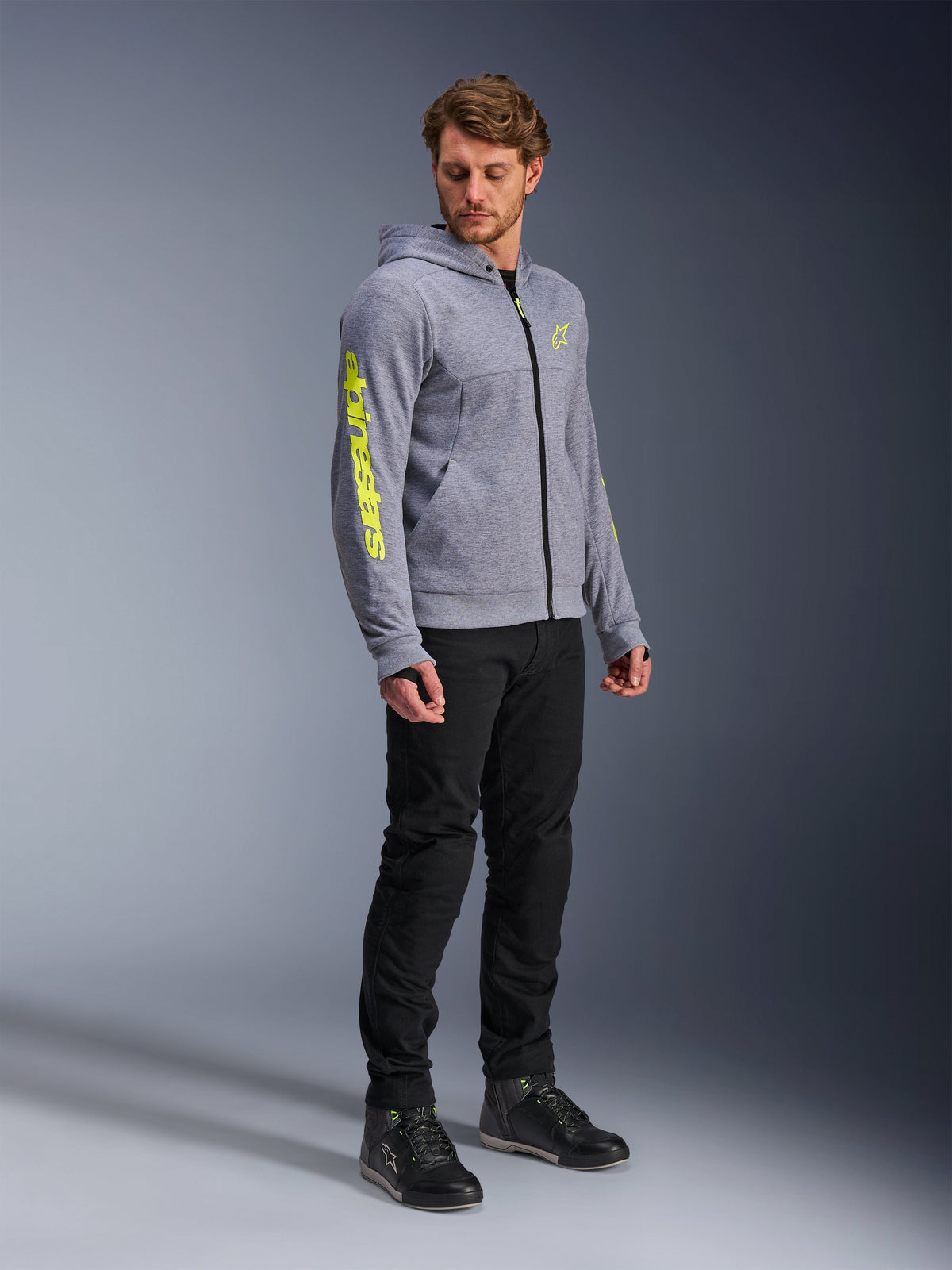 Alpinestars Chrome V2 Sport Hoodie, sweat à capuche de moto urbain pour homme, gris chiné et jaune fluo, certifié CE
