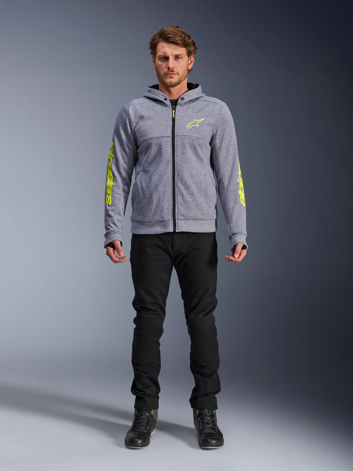 Alpinestars Chrome V2 Sport, sweat à capuche de moto urbain pour homme en polaire technique, gris et jaune fluo