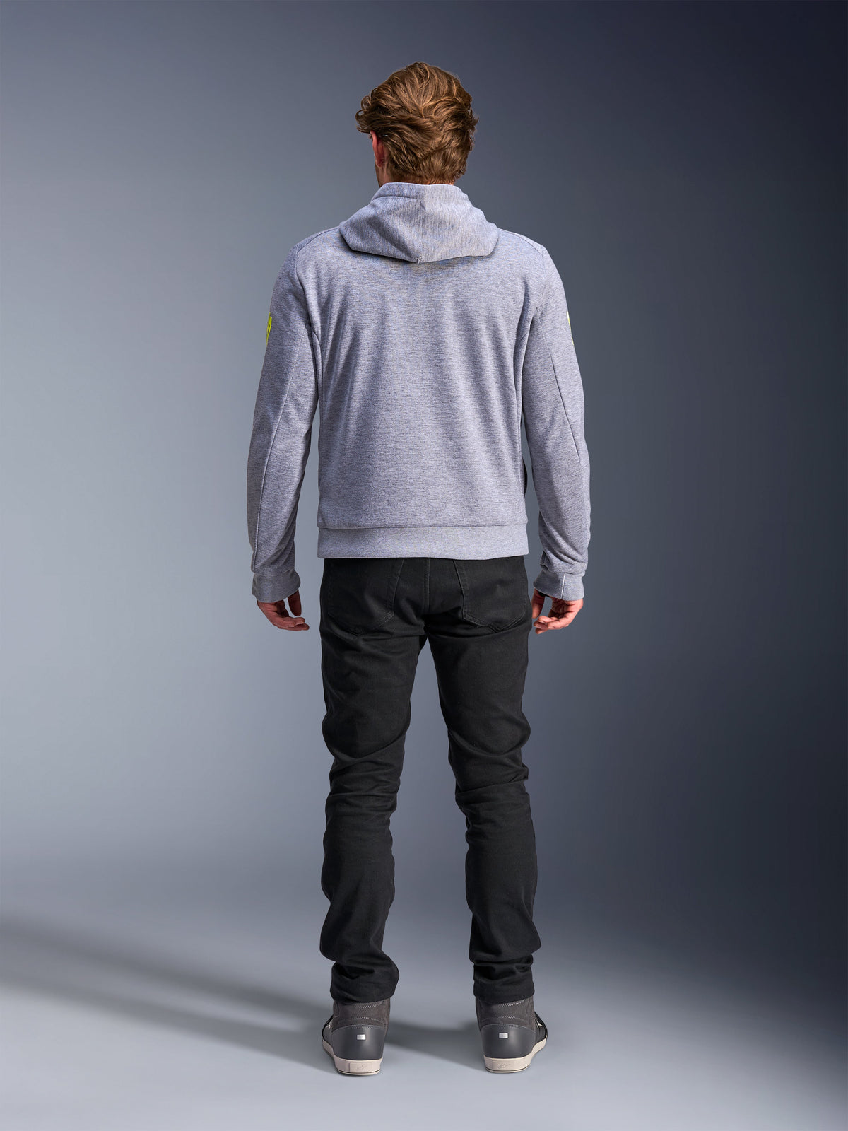 Alpinestars Sweat à capuche Sport Chrome V2, équipement de moto homme, gris chiné et jaune fluo, vue de dos, polaire technique.