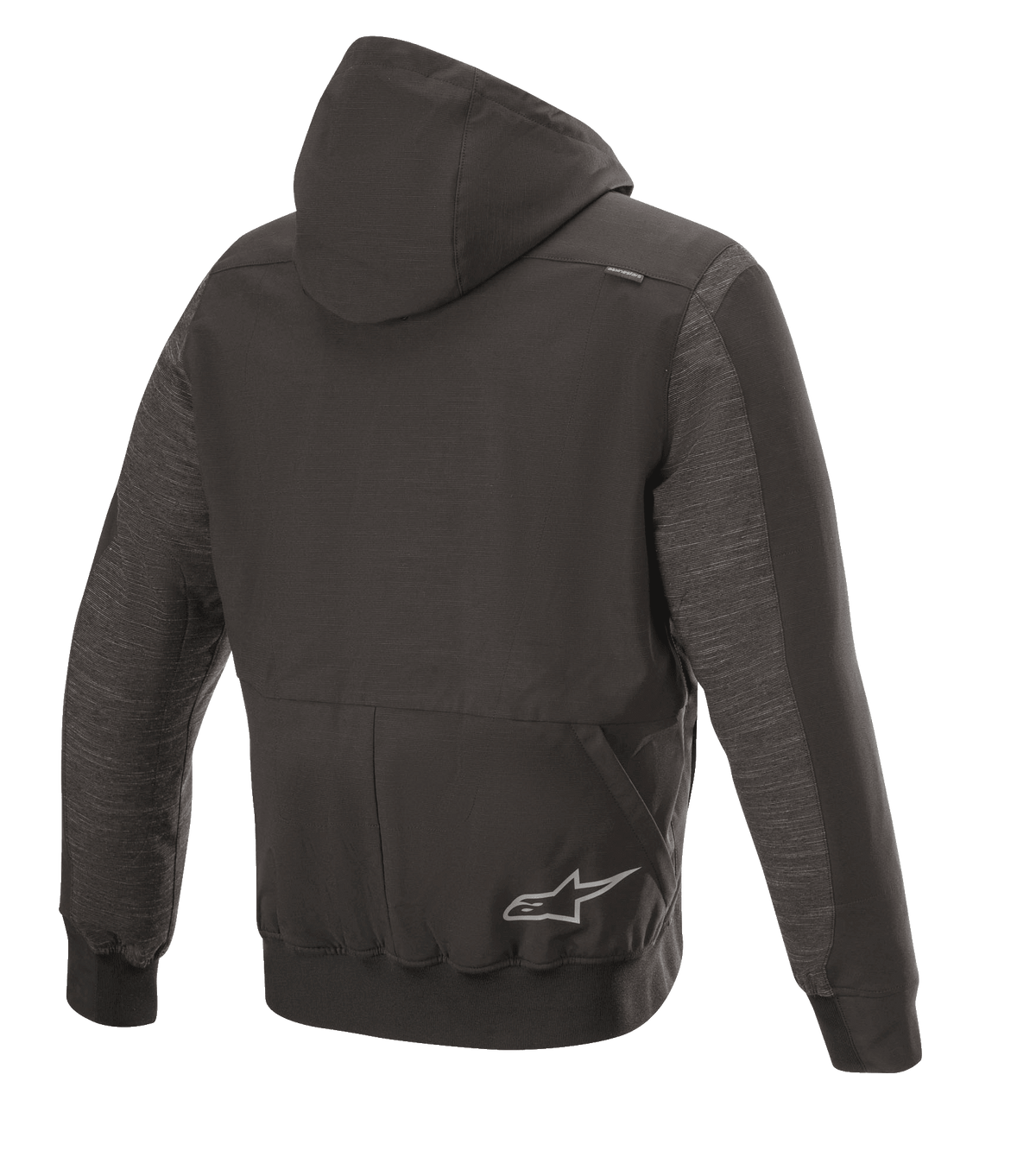 Alpinestars Rhod Windstopper Hoodie, stedelijk motorjack, zwart gemêleerd, achteraanzicht met een afneembare capuchon, geribbelde manchetten en zoom, en een subtiel sterlogo op de achterkant.