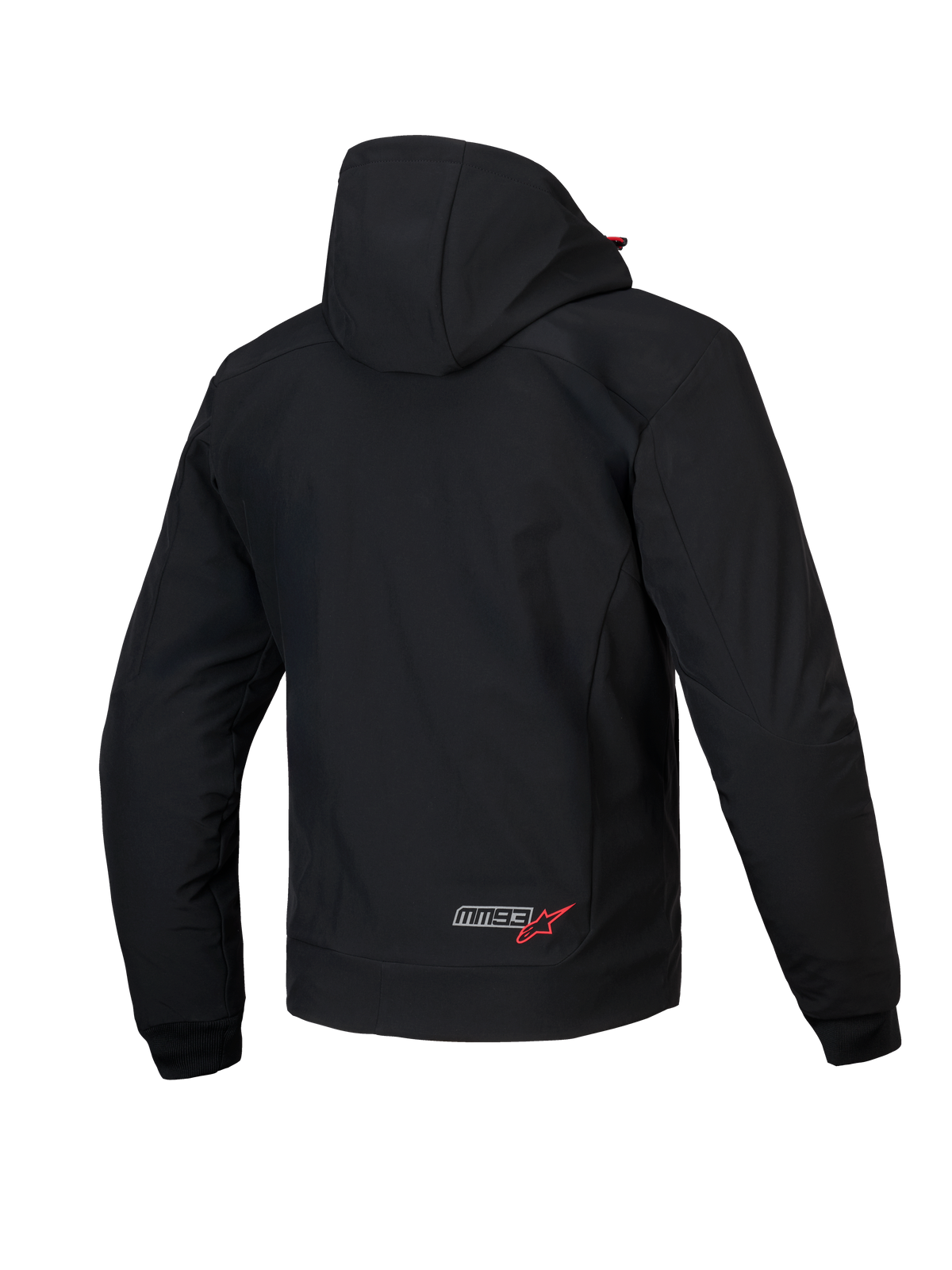 Alpinestars MM93 Radium Tech Hoodie, heren motorjas, achteraanzicht, zwart en helder rood, CE-gecertificeerde winddichte 3L tech shell met afneembare capuchon