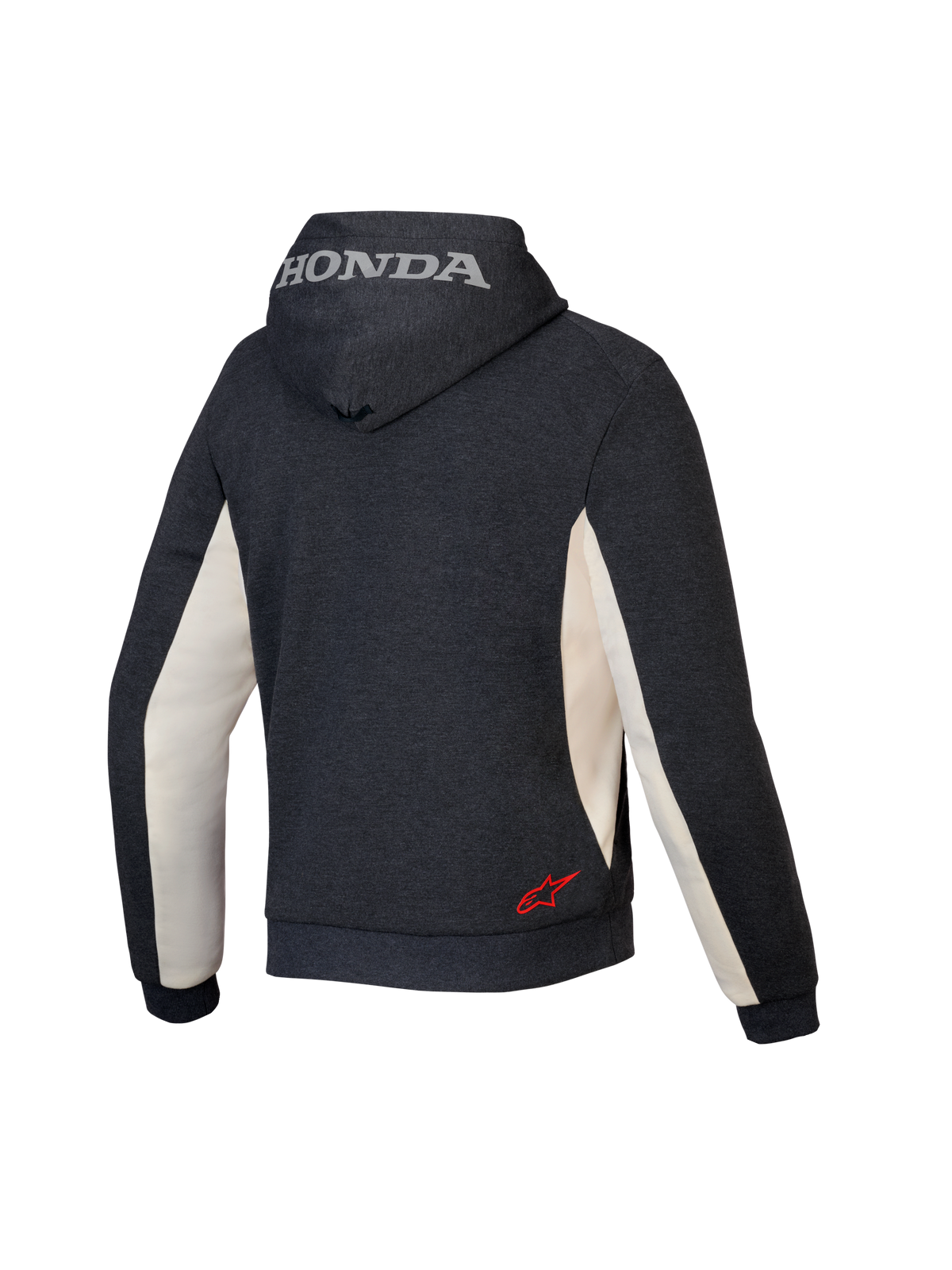 Alpinestars Honda Chrome V3 Sport Hoodie, urban motorhoodie, Anthracite Melange en Off White, achteraanzicht met zilveren Honda-logo op de capuchon en rood Alpinestars-sterlogo op de onderrug, tech fleece constructie