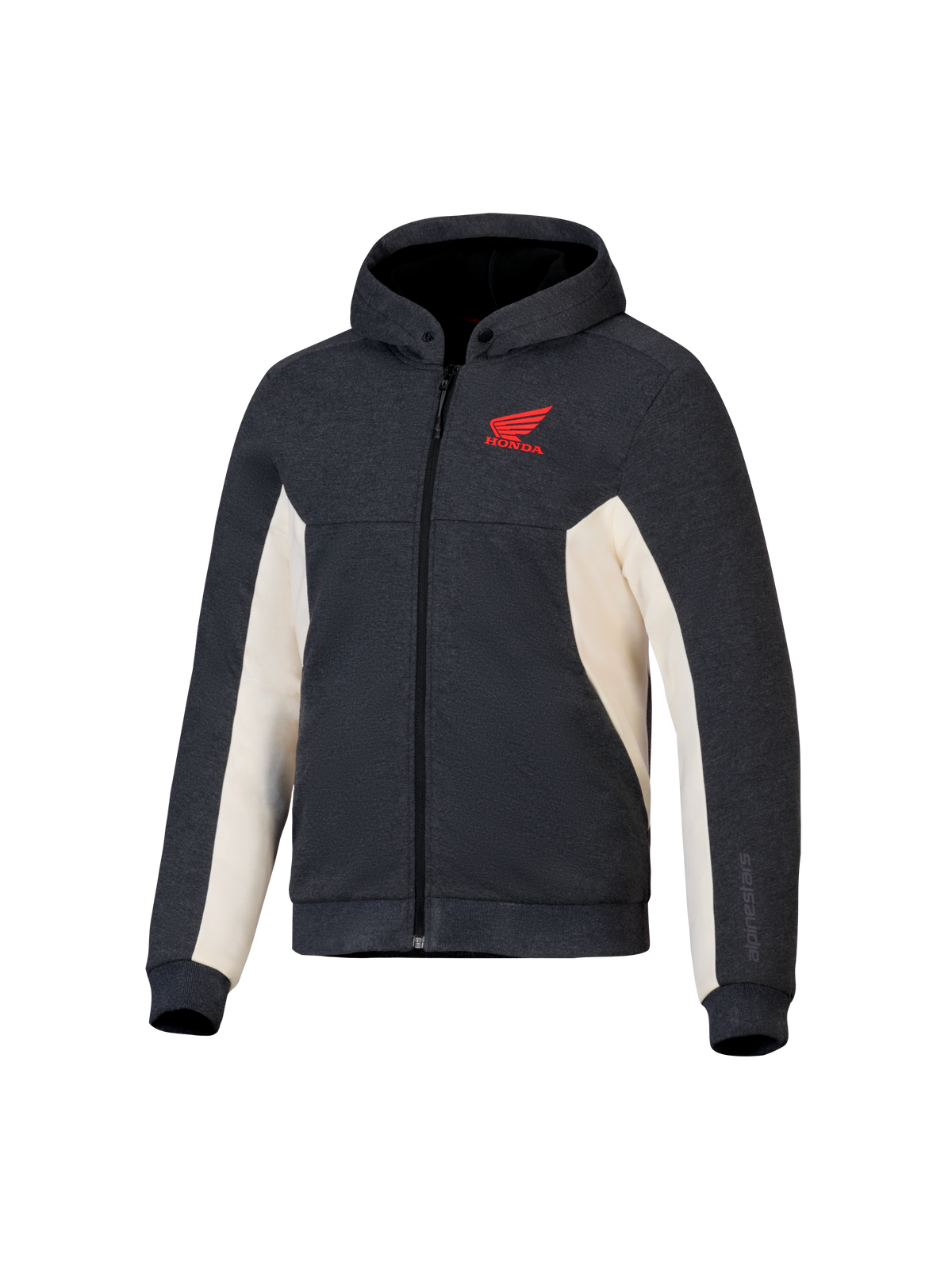 Alpinestars Honda Chrome V3 Sport Hoodie, antraciet melange en off-white, rood Honda Wing-logo op de borst, tech fleece met volledige ritssluiting, capuchon met drukknoopsluiting en geribbelde manchetten, casual urban motorkleding