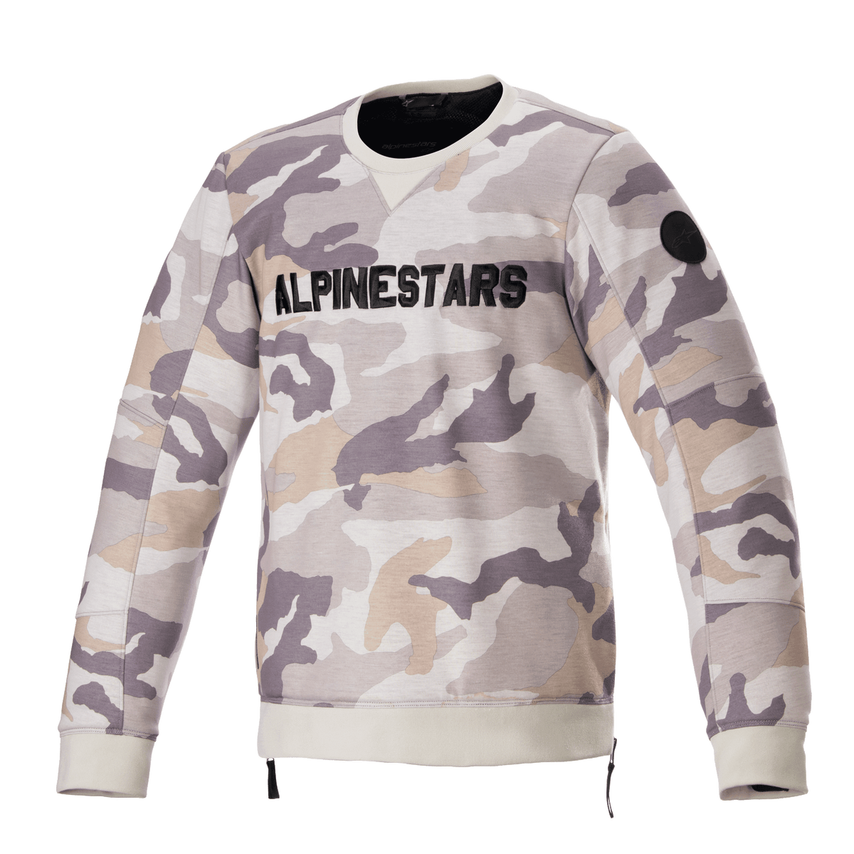 Alpinestars Legit Crew Fleece, motorcycle pullover, Light Gray Camo, bold black ALPINESTARS chest logo, black circular patch on sleeve, ribbed cuffs and hem, casual urban riding apparel