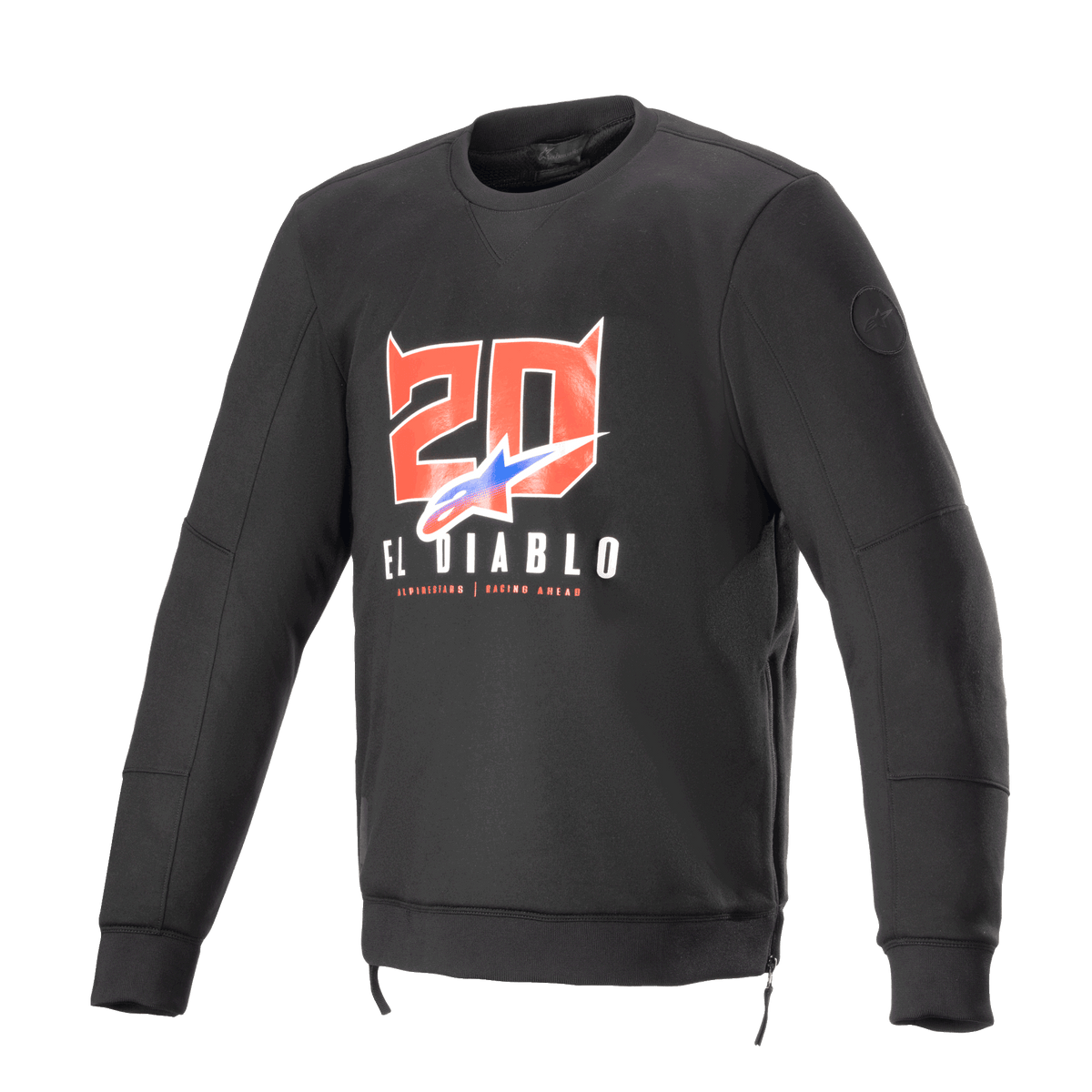 Alpinestars FQ20 Legit Crew Fleece, sweat-shirt de moto noir à manches longues, graphismes '20' avec cornes de diable rouges et 'El Diablo' sur la poitrine, logo en dégradé bleu et rouge, fermetures éclair latérales et finitions côtelées, équipement de conduite urbain décontracté