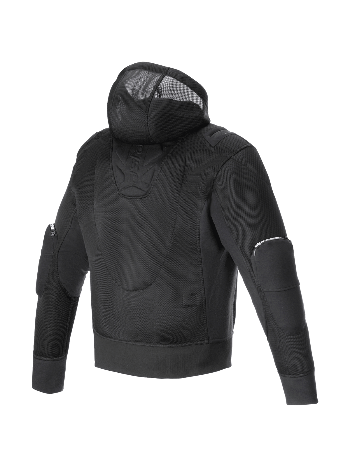 Alpinestars Moflow Air Tech Hoodie, Herren-Motorradjacke in Schwarz, hochdichtes Mesh-Chassis für maximale Belüftung, urbaner Stil mit Kapuze, Rückansicht.