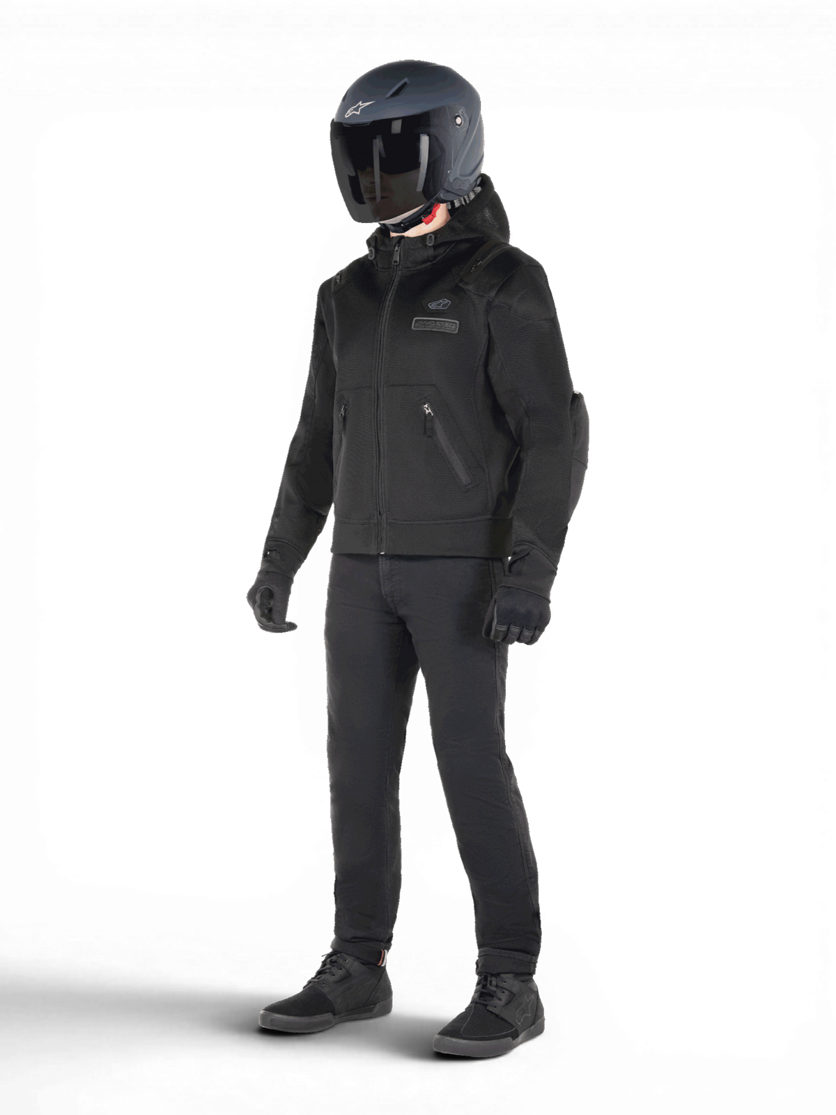 Alpinestars Moflow Air Tech Hoodie, Urban Motorradjacke für Herren, Schwarz, Mesh, Tech-Air 3 Ready, getragen von einem Model.