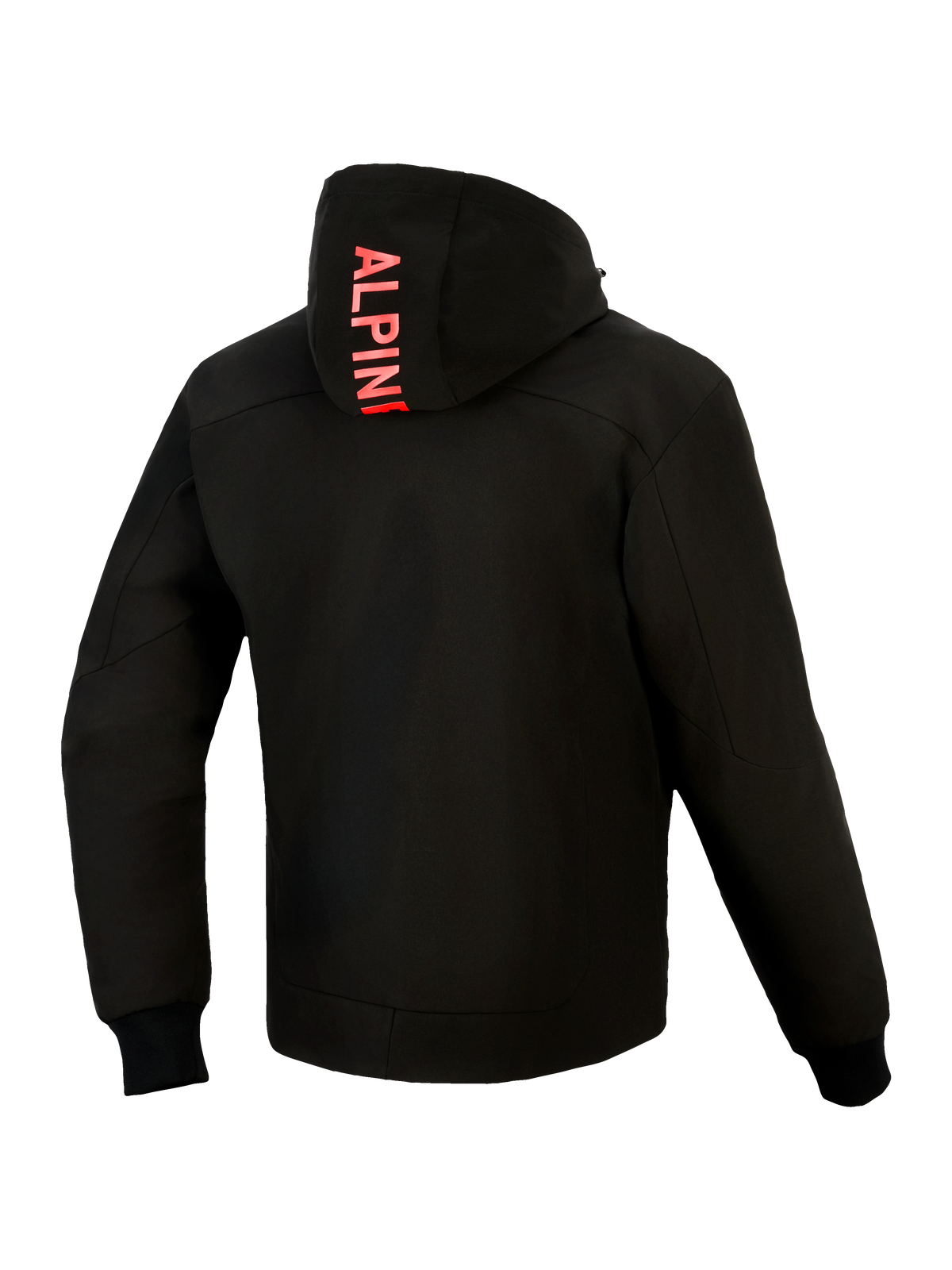 Alpinestars Radium Tech Hoodie, achteraanzicht, zwart met felrood, verticale Alpinestars-branding op de capuchon, 3-laags winddichte technische shell, geribbelde stretch manchetten, gestroomlijnde urban atletische pasvorm