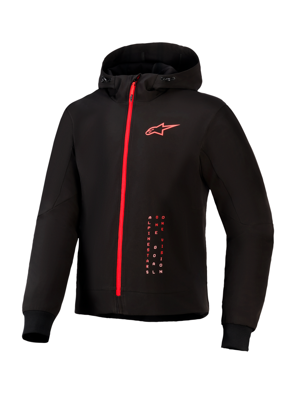Alpinestars Radium Tech Hoodie, urban motorjas, zwart met felrood, voorzien van een rode rits over de volledige lengte, rood Alpinestars-logo op de borst, capuchon met trekkoord en geribbelde manchetten op een technische winddichte shell.