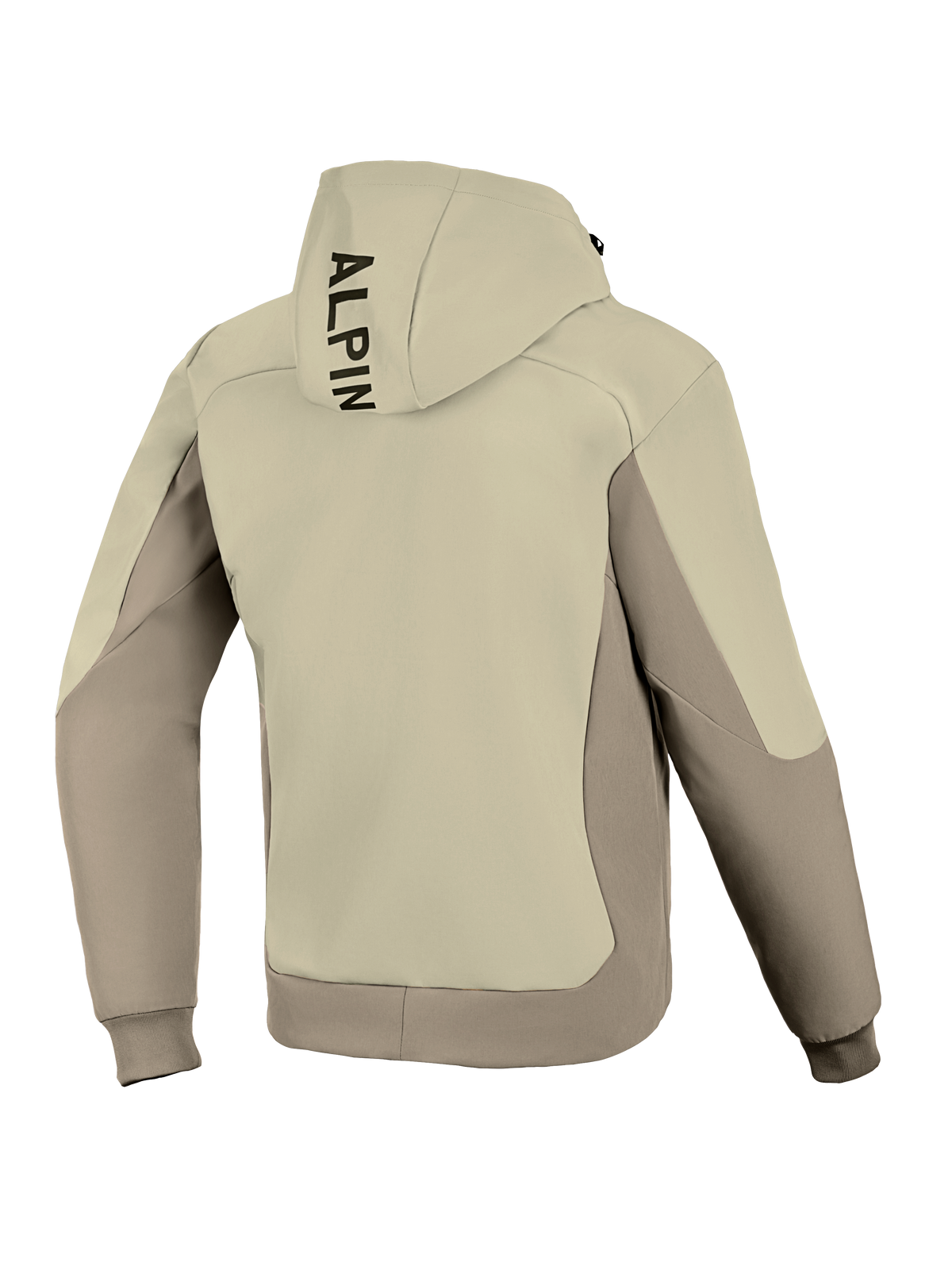 Alpinestars Radium Tech Hoodie, Rückansicht, Mastic Aluminum, Urbane Motorradjacke, zweifarbiges Textildesign in Beige und Grau, vertikales schwarzes Branding auf der Kapuze, gerippte Bündchen und Saum, winddichte Tech-Shell für urbanes Fahren.
