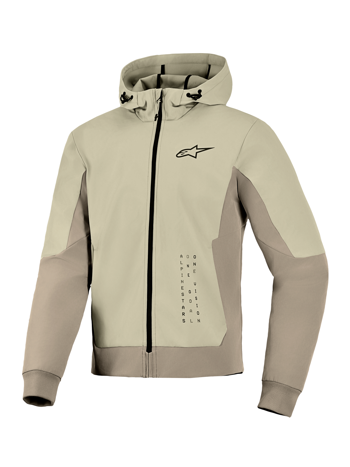 Alpinestars Radium Tech Hoodie, Technische Motorrad-Hoodie-Jacke, Mastic Aluminum, Reißverschluss-Design mit kleinem schwarzen Logo auf der Brust und vertikaler Grafik, winddichtes Außenmaterial mit verstellbarer Kapuze