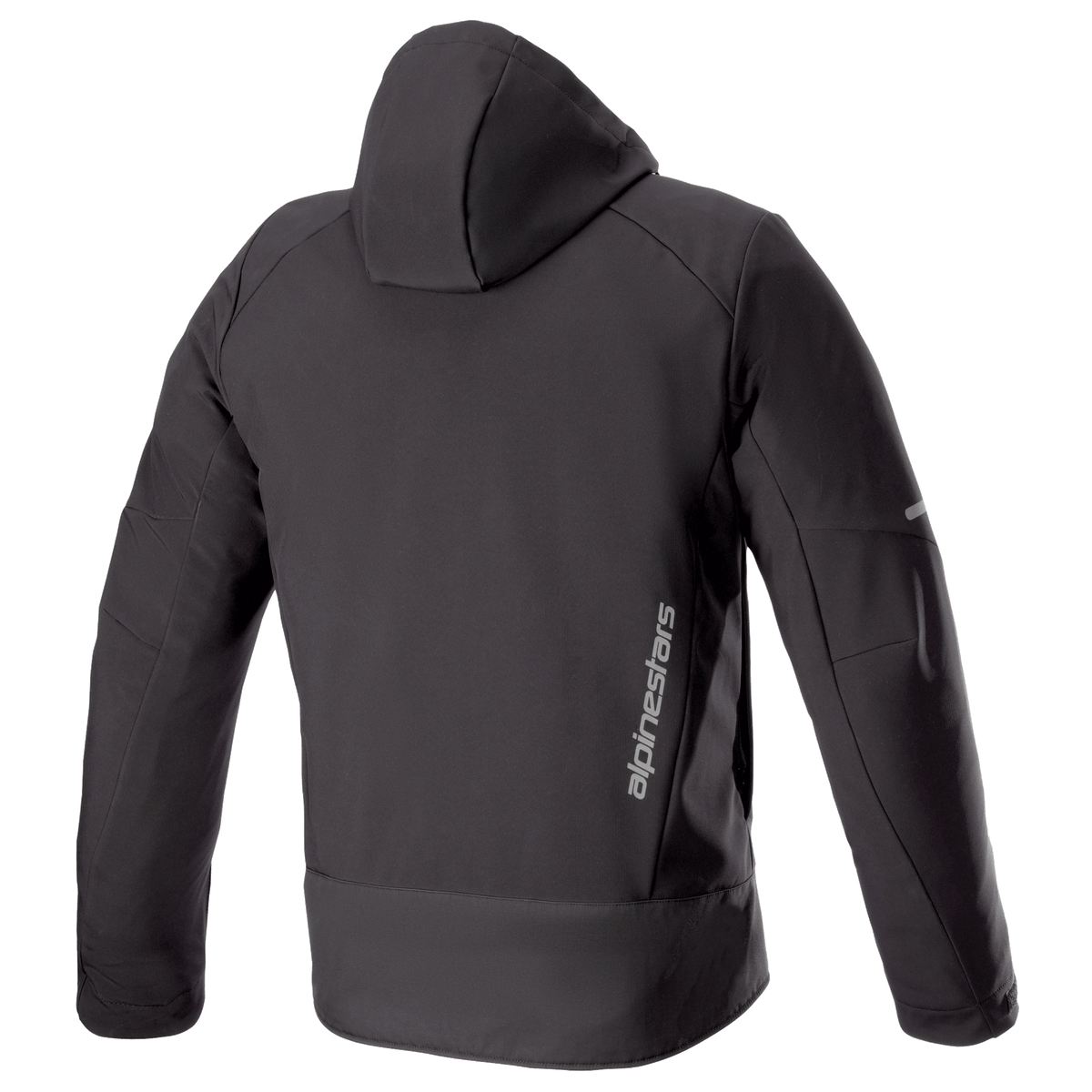 Alpinestars Neo Waterproof Hoodie, technische urbane Motorradjacke, Schwarz, Rückansicht zeigt abnehmbare Kapuze, vertikaler silberner Alpinestars-Schriftzug am unteren Rücken und reflektierende Akzente an den Ärmeln.