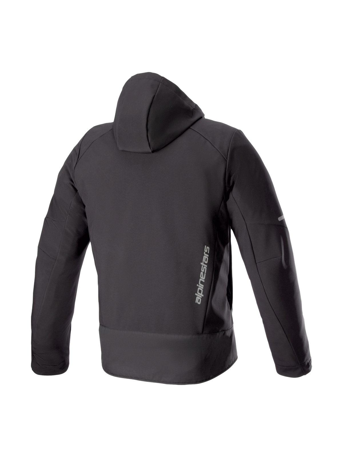 Alpinestars Neo Wasserdicht Kapuzenjacke, schwarze Urban-Motorradjacke für Herren, Rückansicht aus wasserdichtem Softshell.