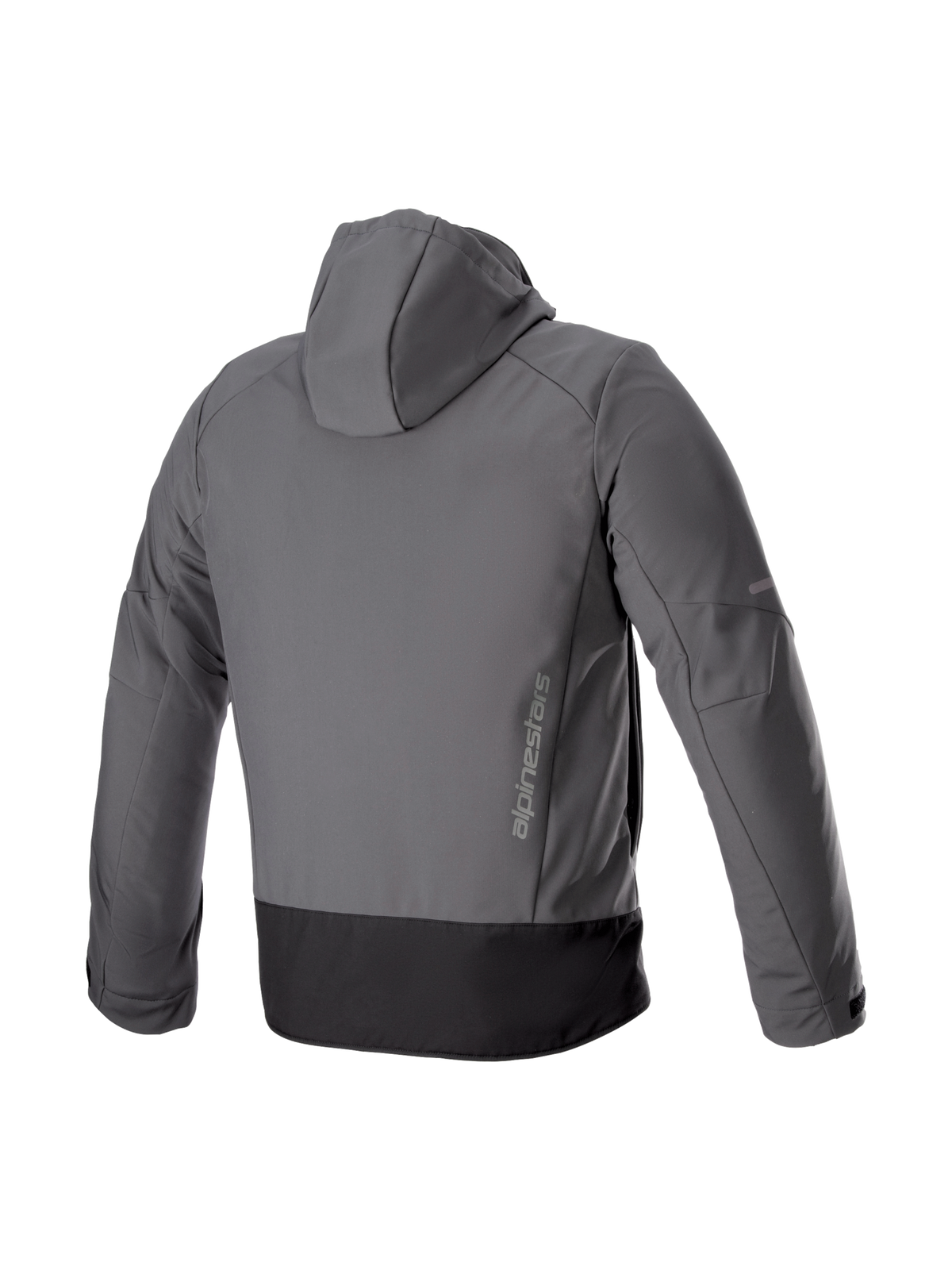Alpinestars Neo waterdichte hoodie, urban herenmotorjas, grijs en zwart, softshell achteraanzicht met verticale branding.