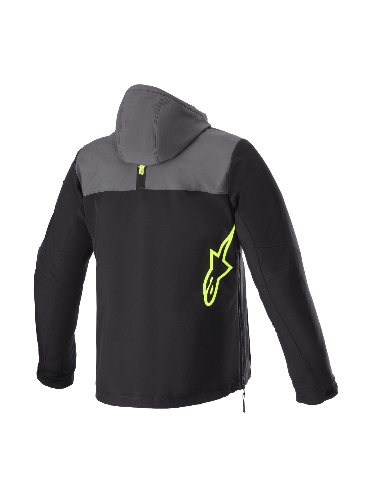 Alpinestars Sherpa Hoodie, heren-motorjas voor stedelijk rijden, zwart en teer grijs met geel fluo logo, winddichte softshell, Tech-Air Ready.
