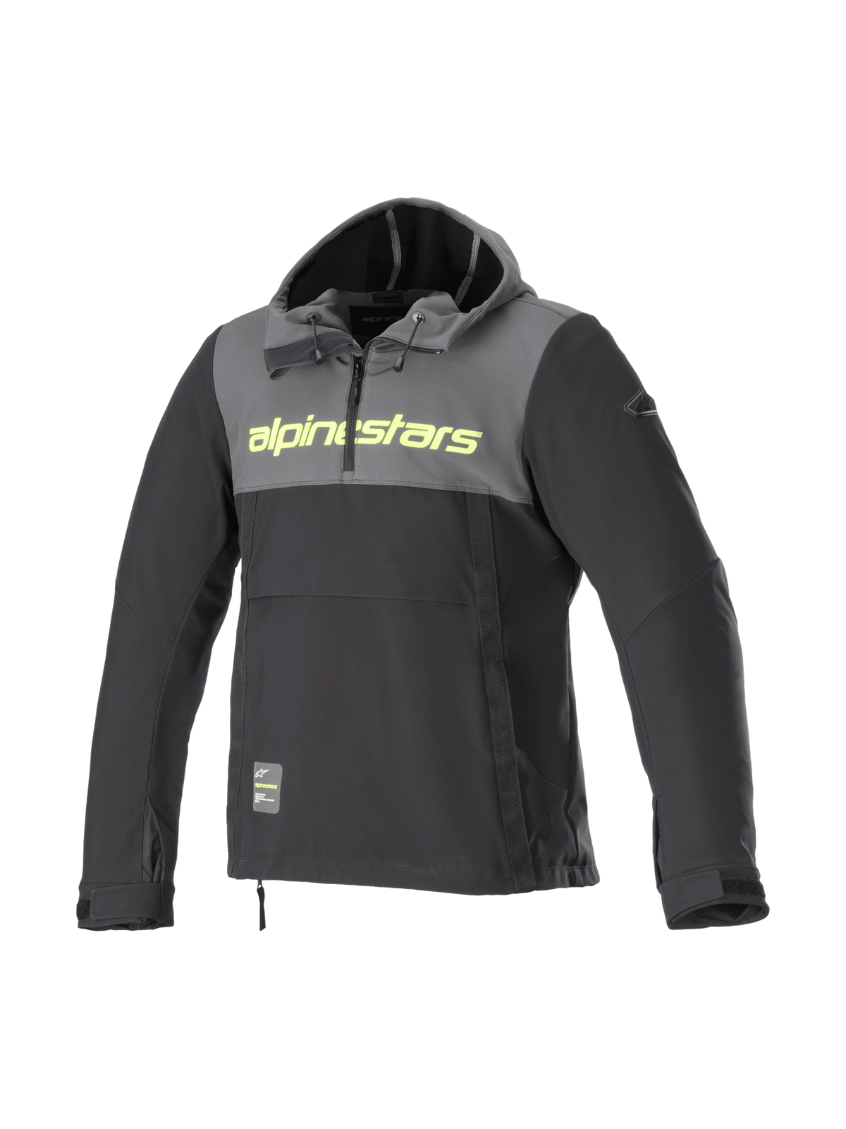Alpinestars Sherpa hoodie, winddichte softshell urban motorjas voor heren, grijs en zwart met geel fluo logo.
